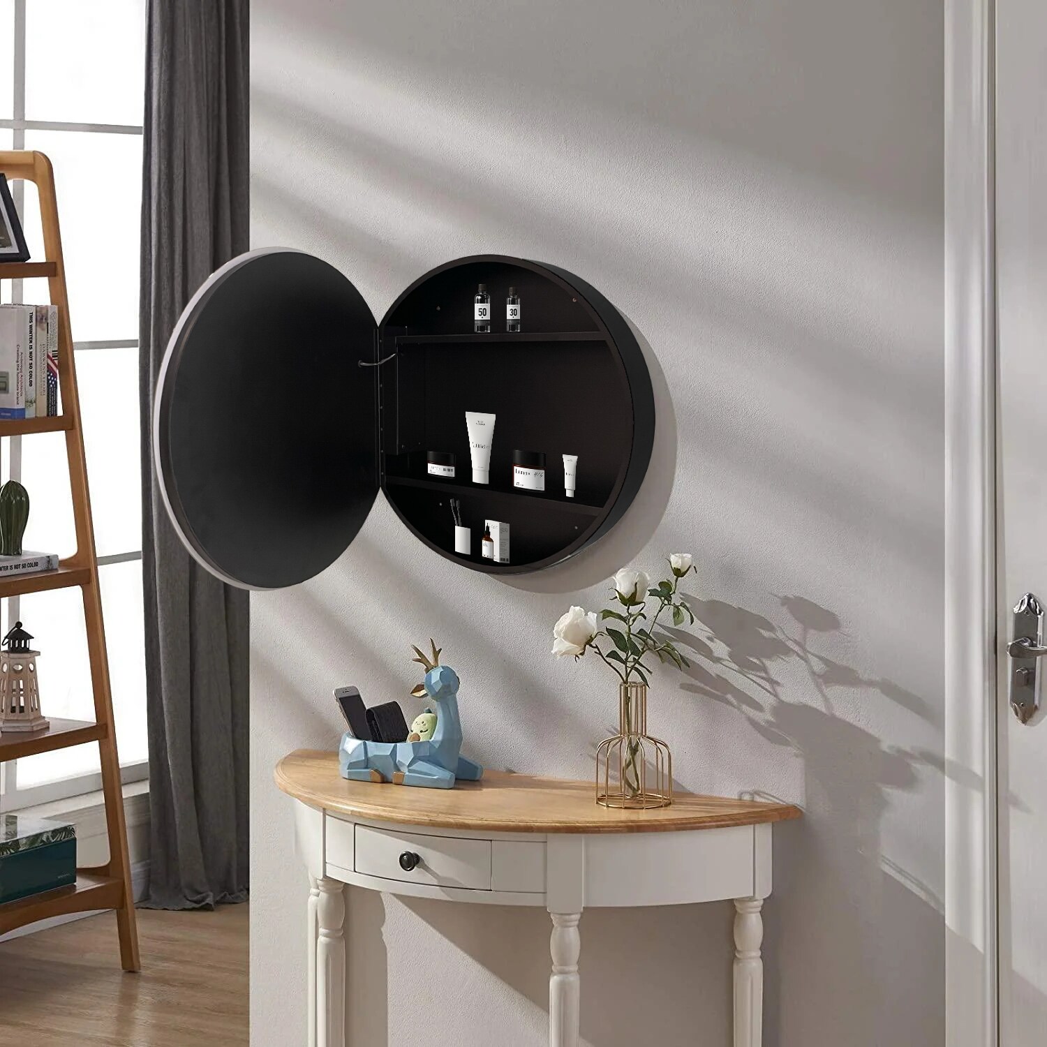 AAZJ AO 25-in x 26-in Lighted LED Fog Free Surface Mount Silver and Black Mirrored Round Medicine Cabinet