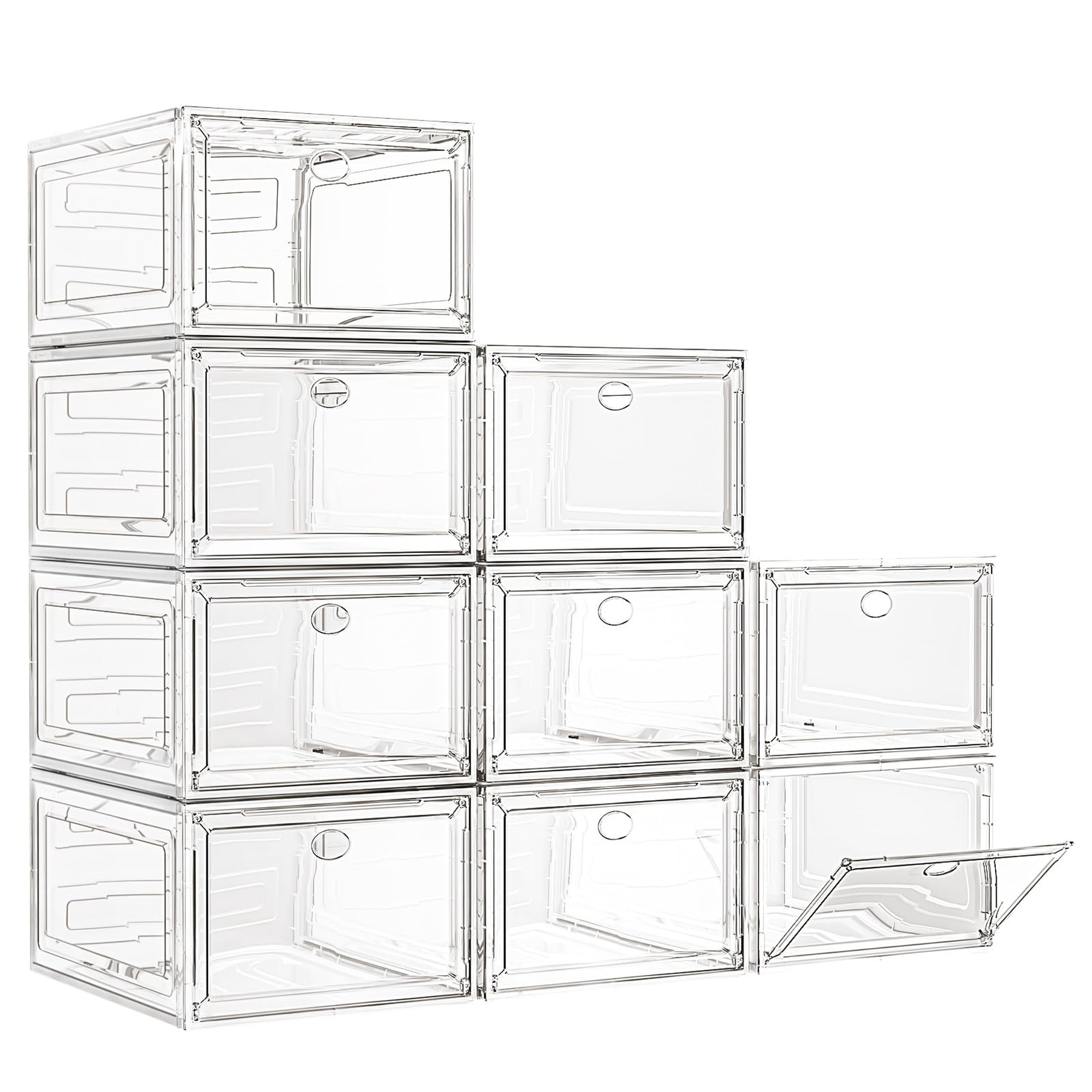 Wudkey 9 Pack White Stackable Clear Shoe Organizer Boxes with Magnetic Door Collapsible Closet Storage for Sneakers Boots