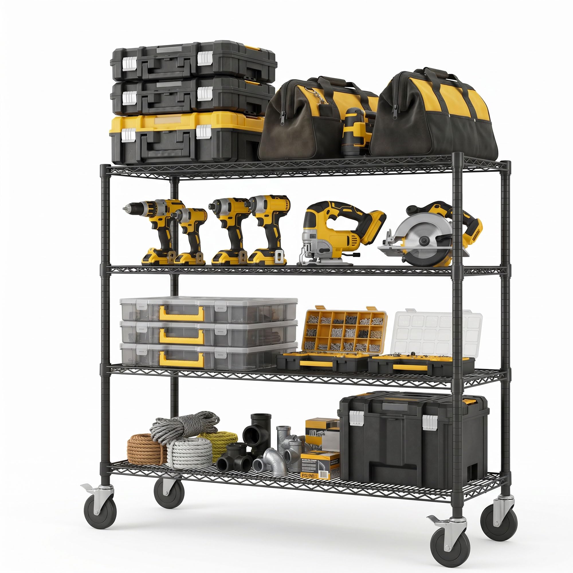 GarveeLife 47.2-in W x 17.7-in D x 63-in H 4-Tier Adjustable Mobile Heavy Duty Steel Wire Shelving Unit with Lockable Casters