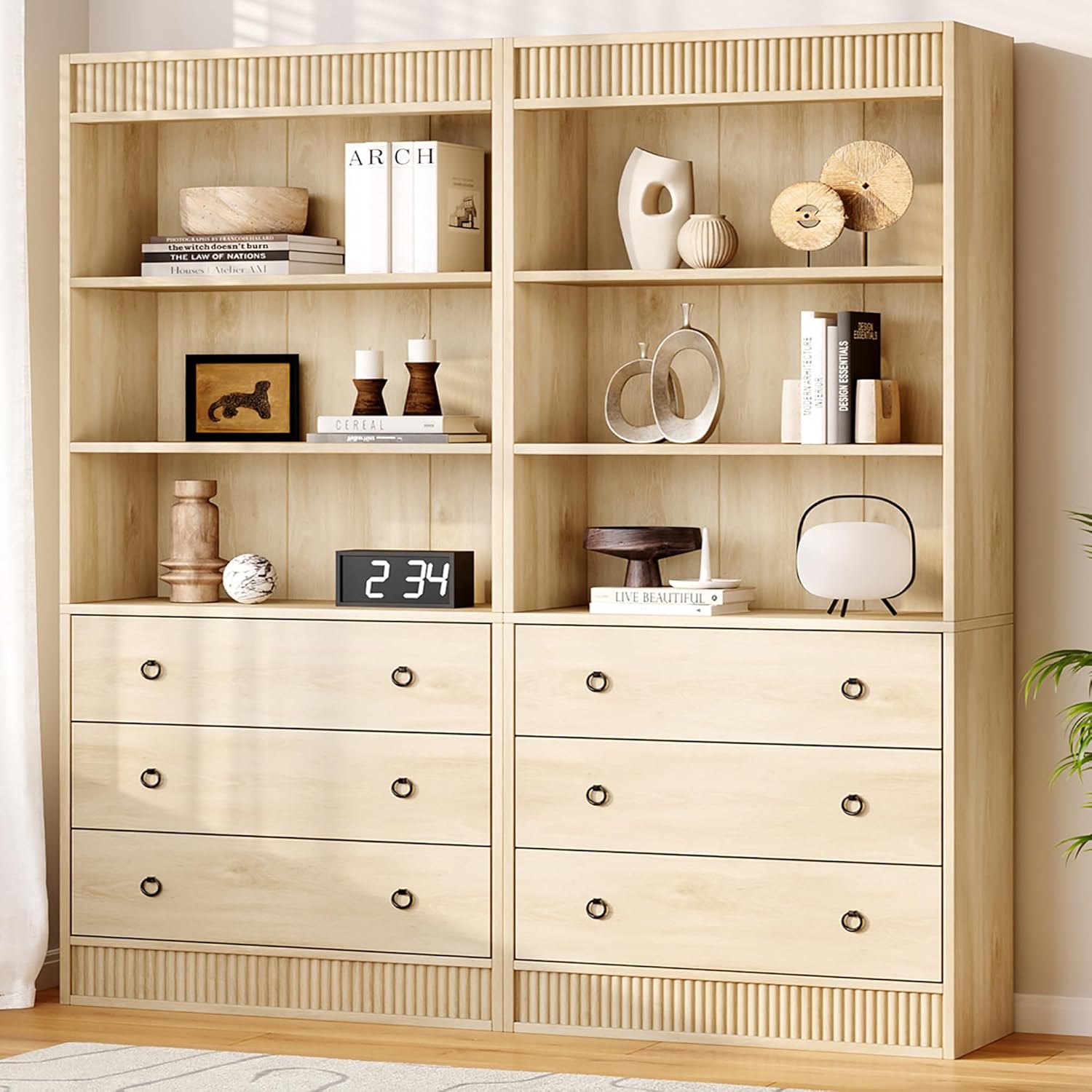 Garvee Bookshelf with Drawers 70.8 inches Fluted Bookcase Bookshelf 6 ...