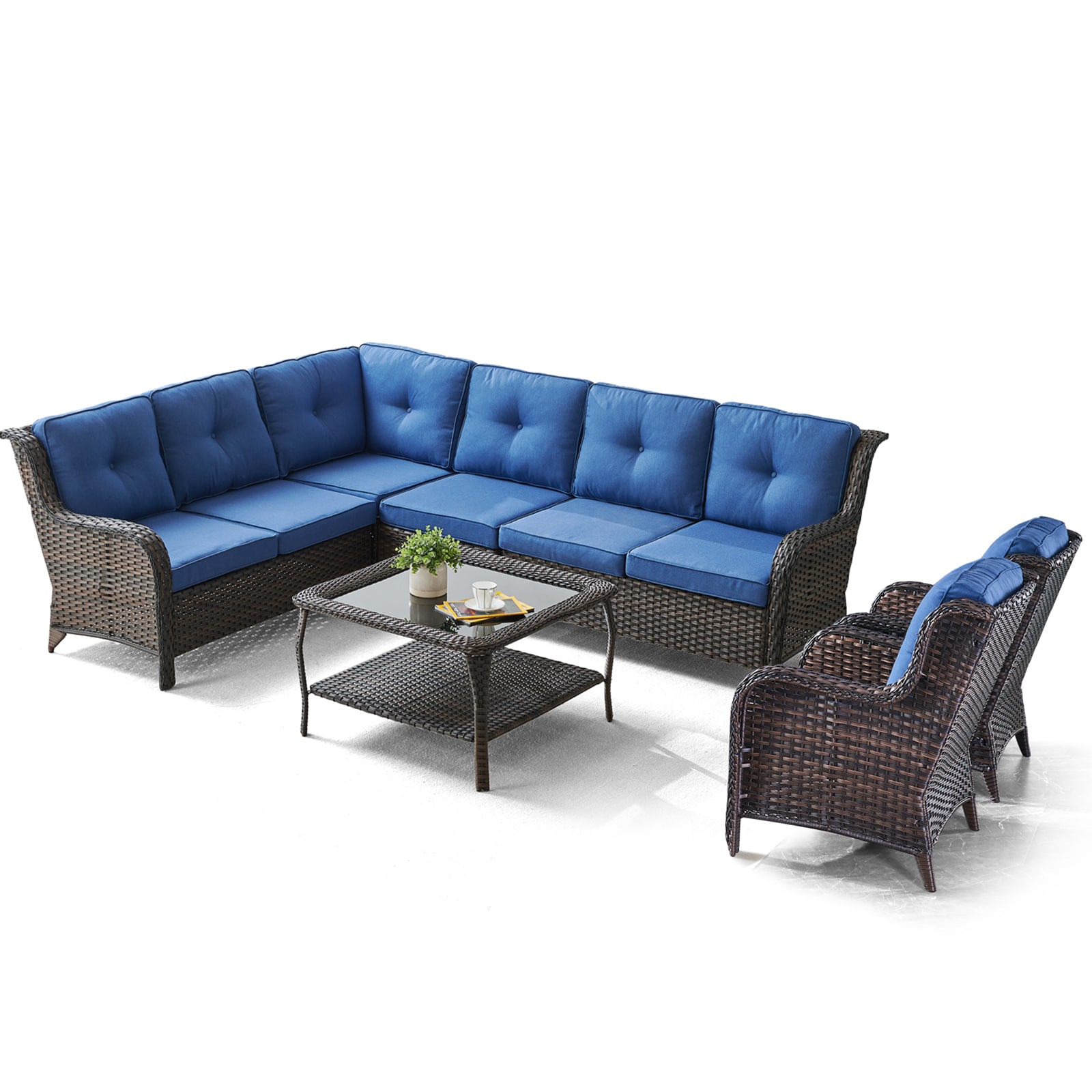 Rilyson FS5456586006-1 Curved armrest 5 -Piece Wicker Patio Conversation Set with Blue Cushions