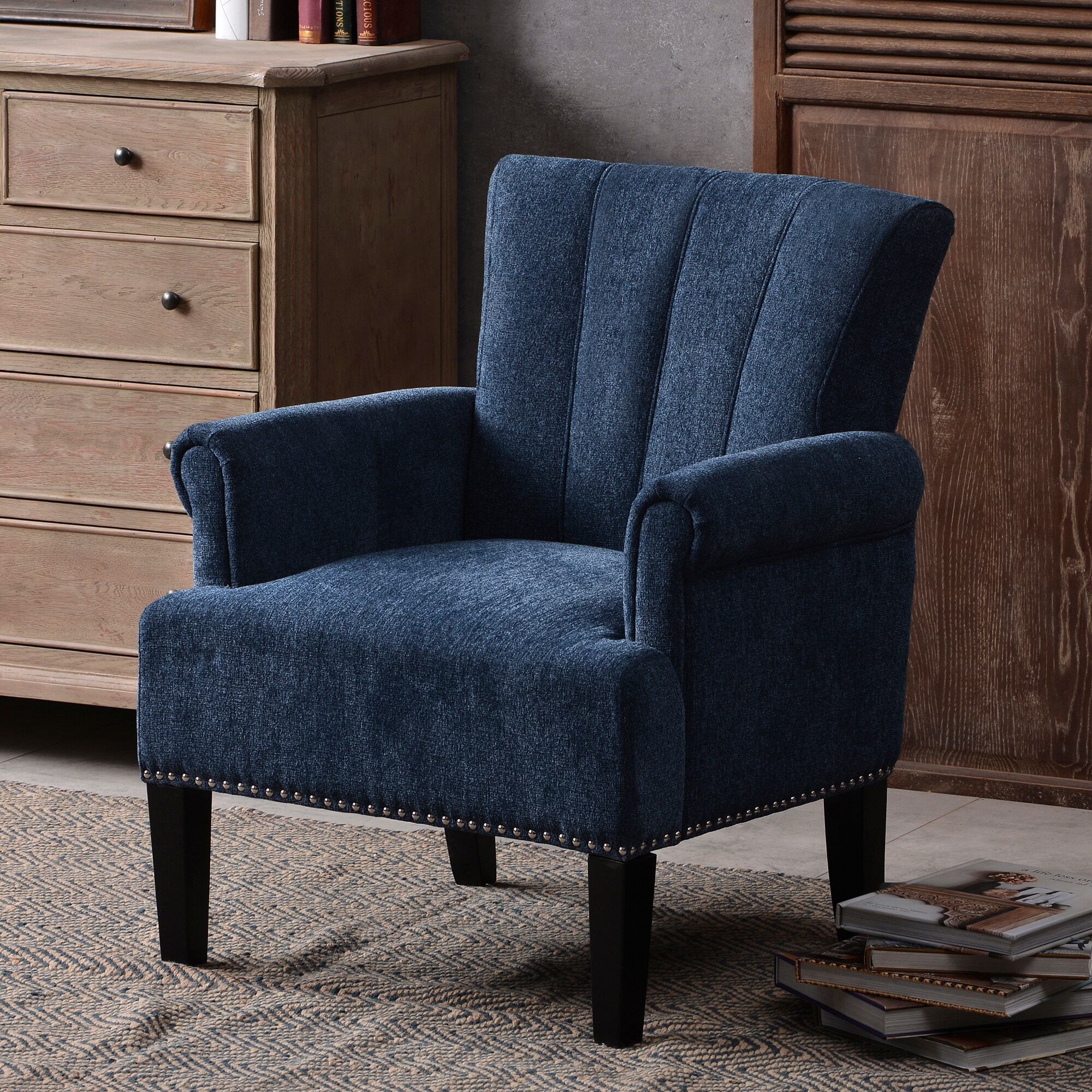 CASAINC Mid Century Modern Blue Velvet Accent Chair with Metal Legs at ...