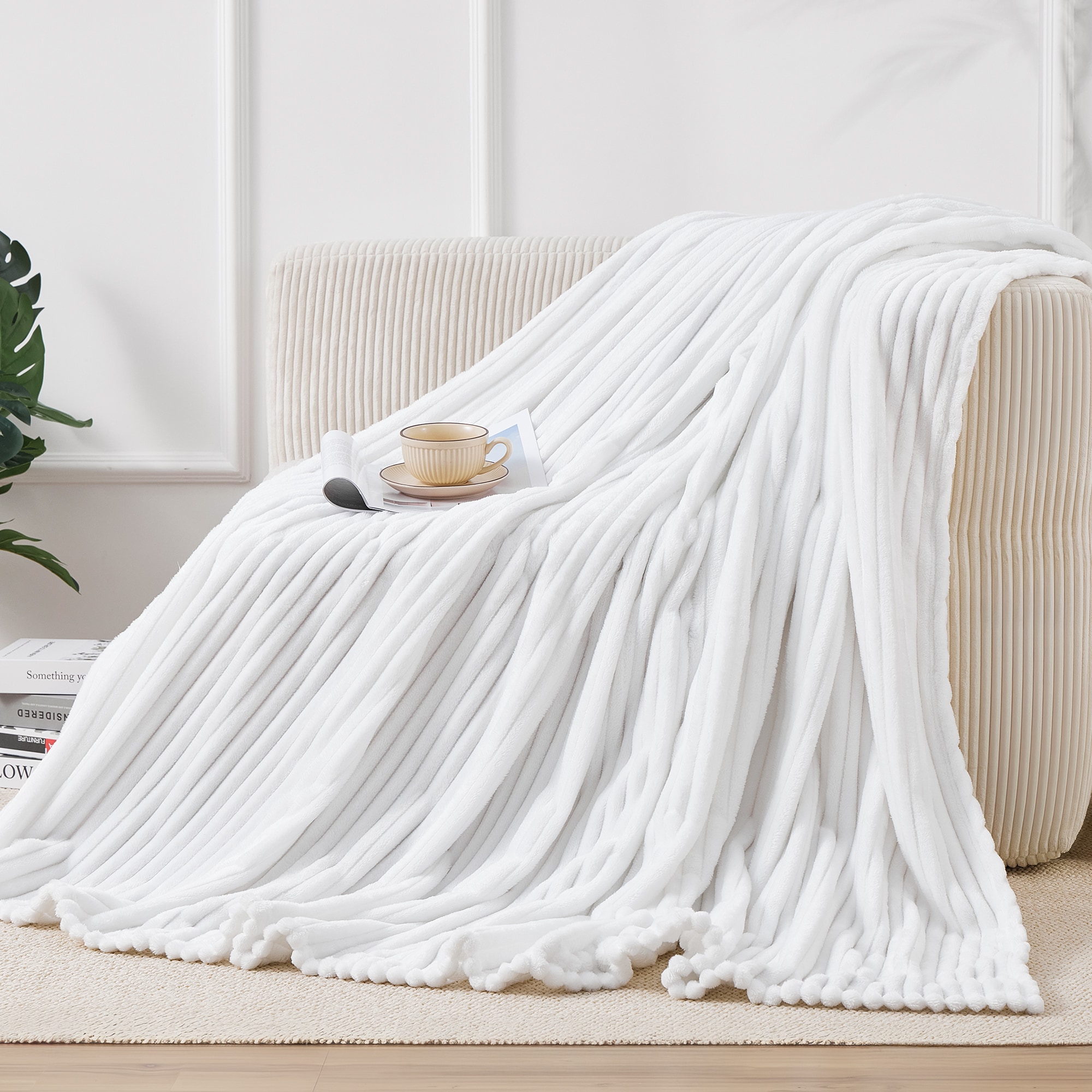 Serwall SWNMBL-WH-F All Season Textured Stripe Throw Blanket Ultra Soft Comfort for Couch Bed or Outdoor Use