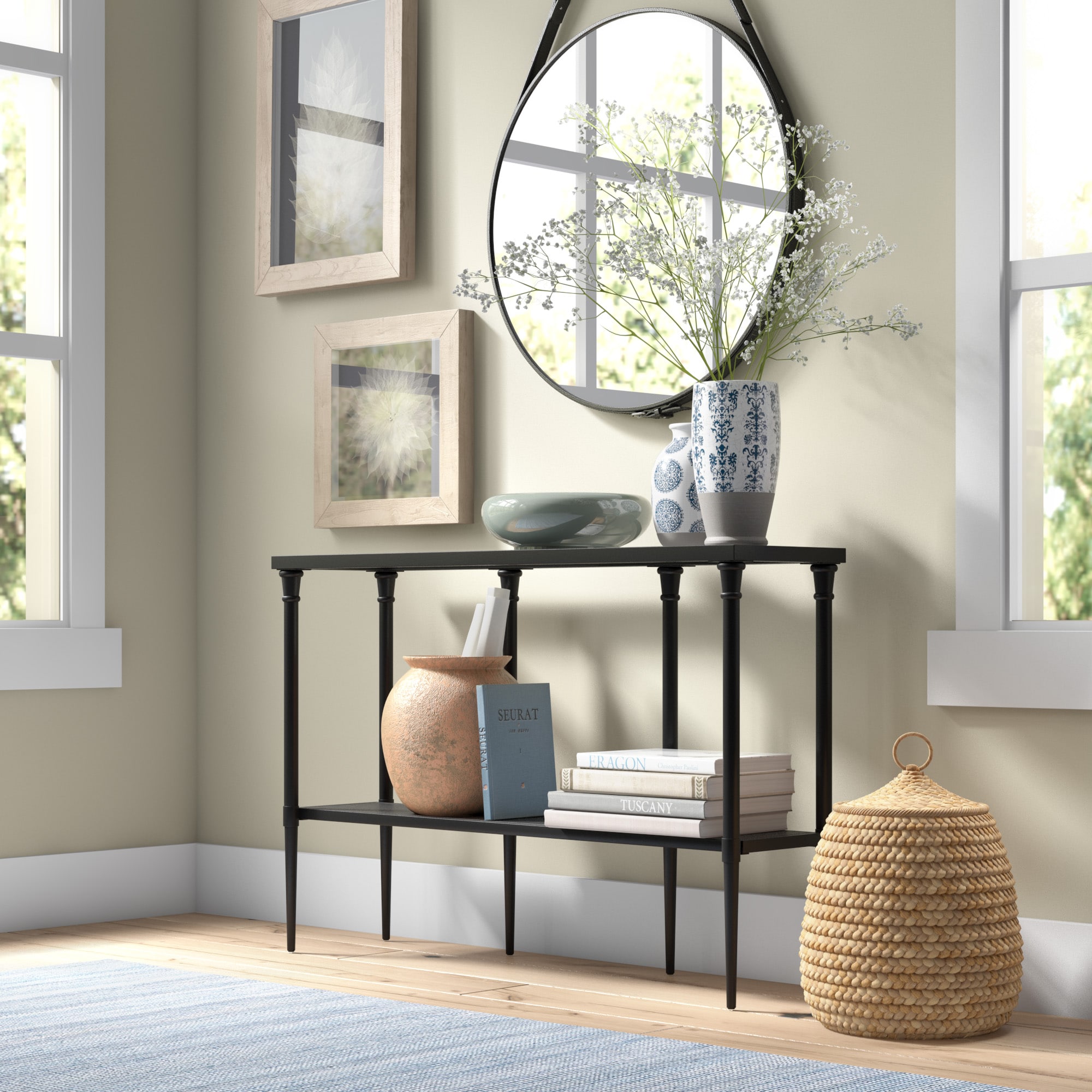 Modern Farmhouse 45" Blackened Bronze Metal & Glass Console Table with Storage