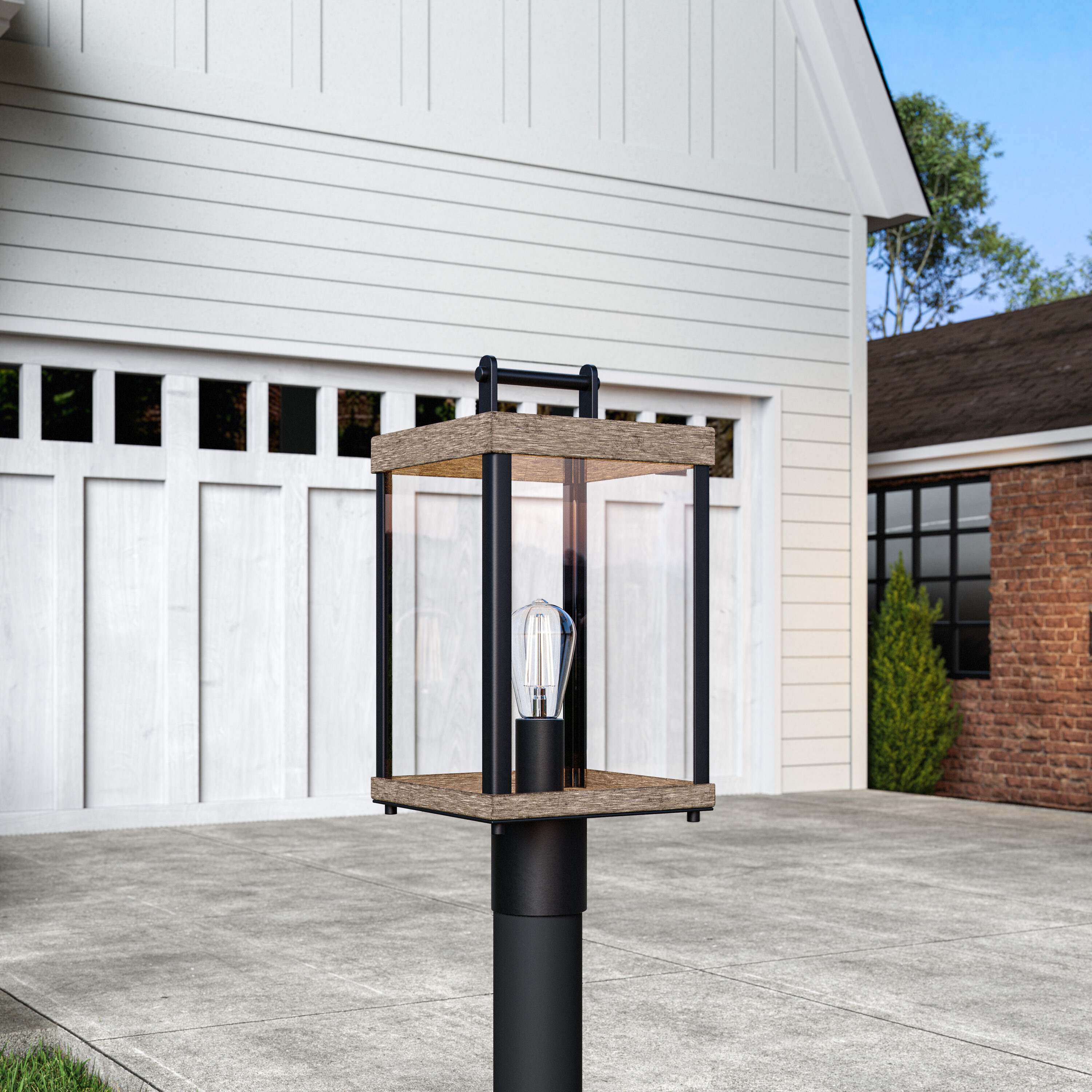 Quoizel LWS33382L Finn 17.25-in Matte Black and Faux Wood Traditional Outdoor Light post lantern
