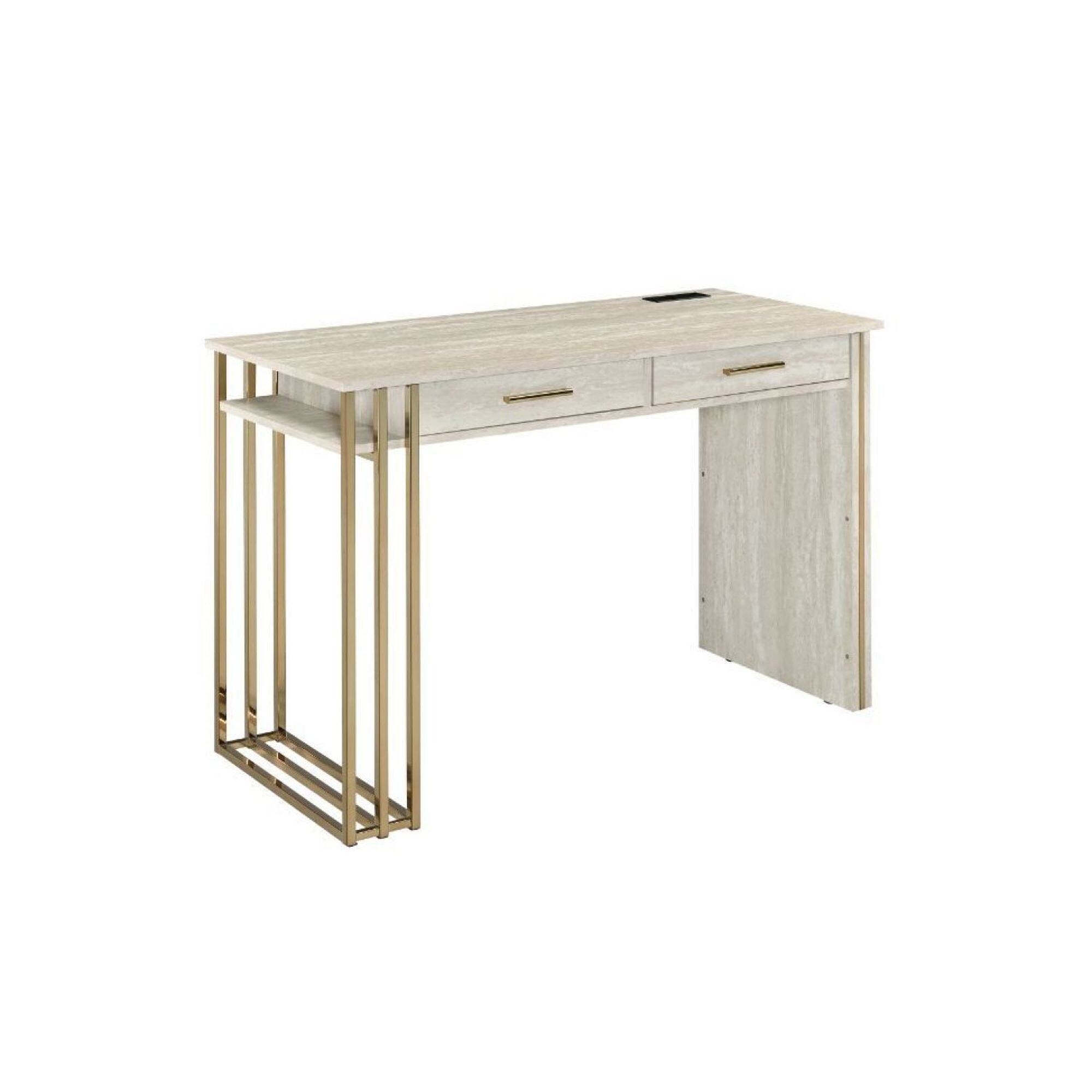 JASMODER 92935 Tyeid Built-In USB Port Writing Desk, Antique White and Gold Finish
