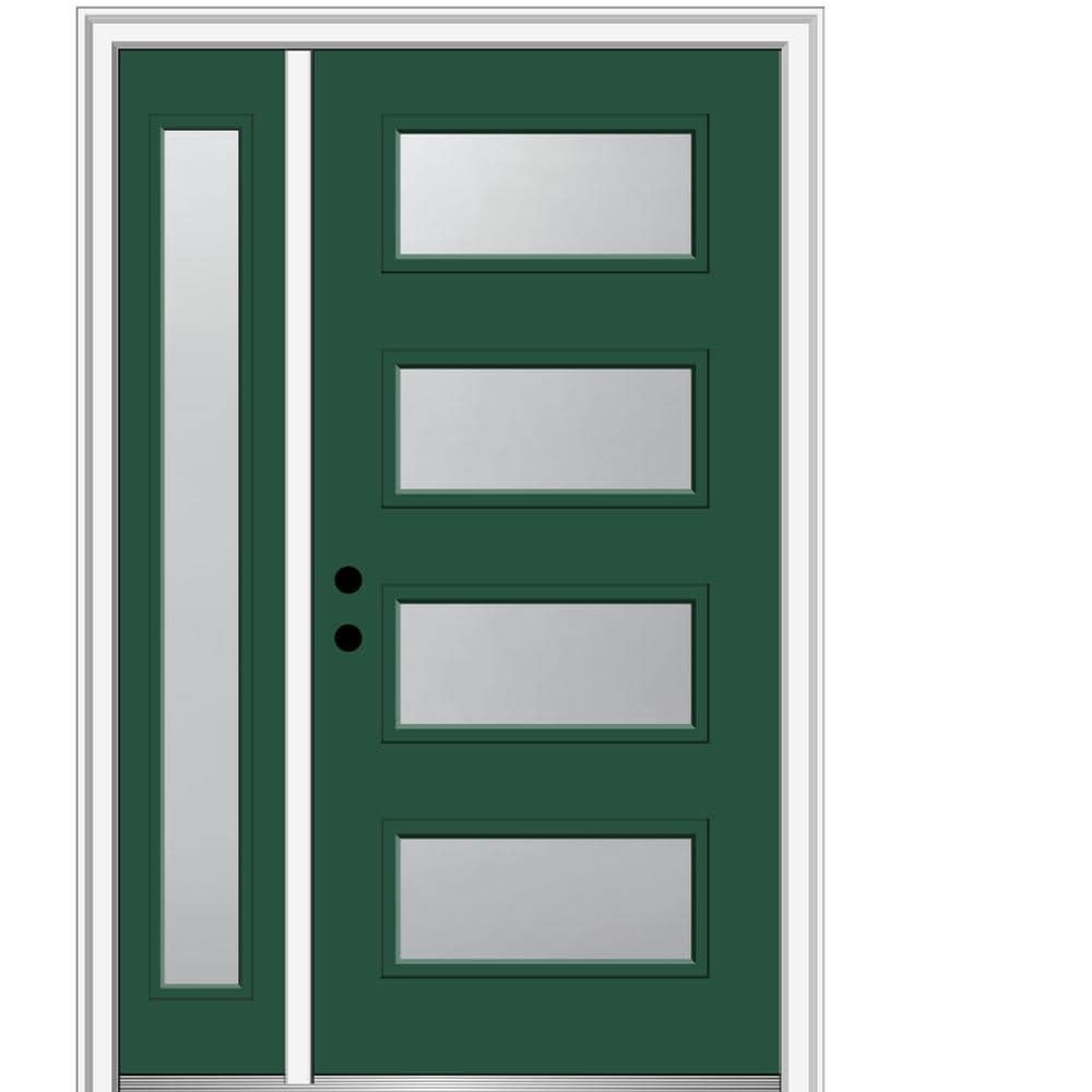 MMI DOOR ZZ346996R Spotlights 48-in x 80-in x 4-9/16-in Fiberglass Pulse lite Right-hand inswing Hunter Green Painted Prehung Front Door with Left Sidelight with Brickmould Insulating core