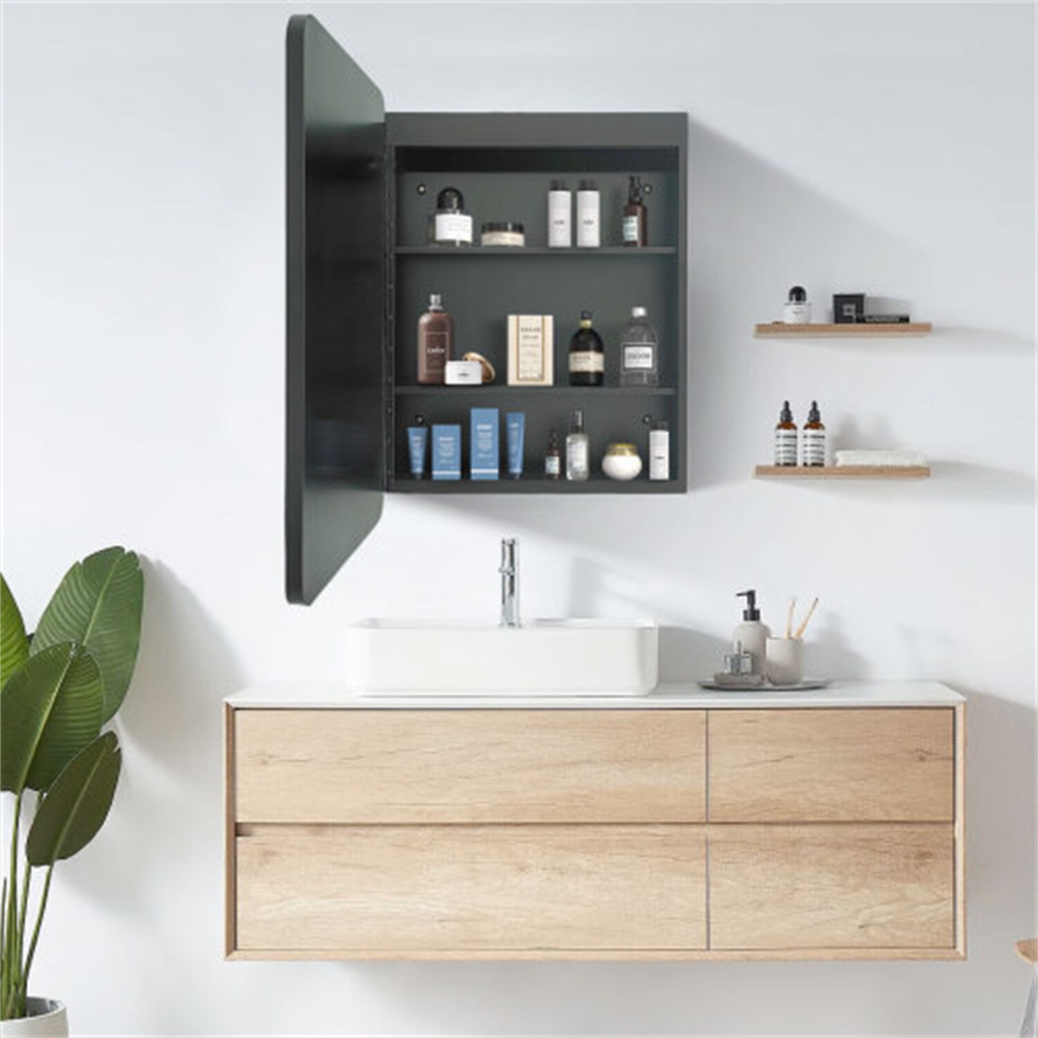 NeuType 20-in W x 28-in H LED Black Square Medicine Cabinet Mirror