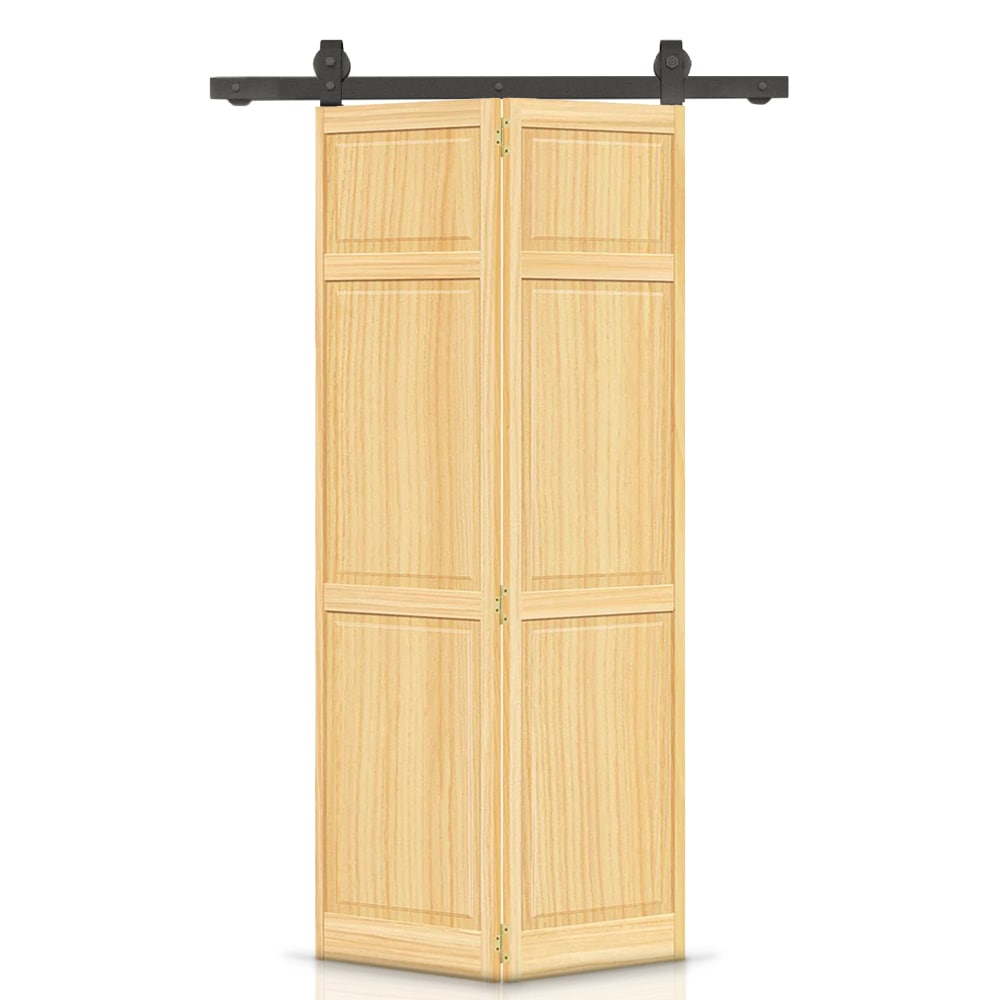 CALHOME 1100-2T+BYC01-36NW 36-in x 80-in Unfinished Unfinished Pine Wood Solid core Single bifold Barn Door (Hardware Included)