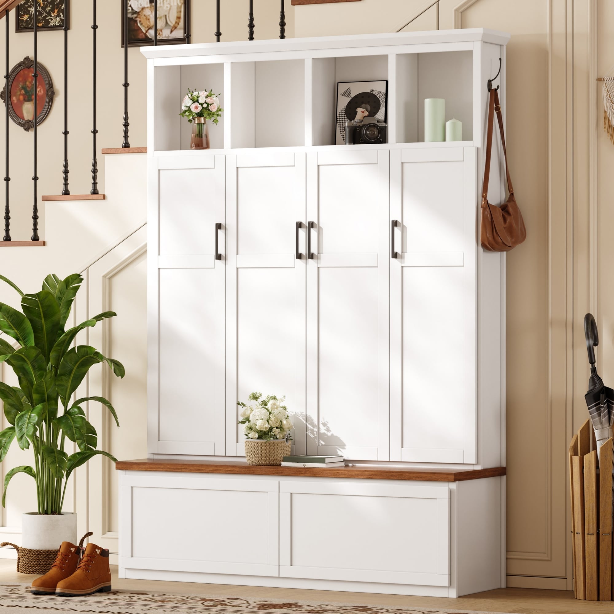 ModernLuxe - Assembly Required ONTREND Modern Farmhouse Hall Tree with 4 Hidden Cabinets Mudroom ...