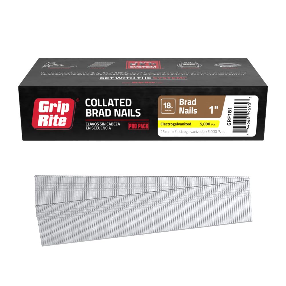 GripRite Prime Guard 18Gauge 1inch Electrogalvanized Brad Nails 5000Pack