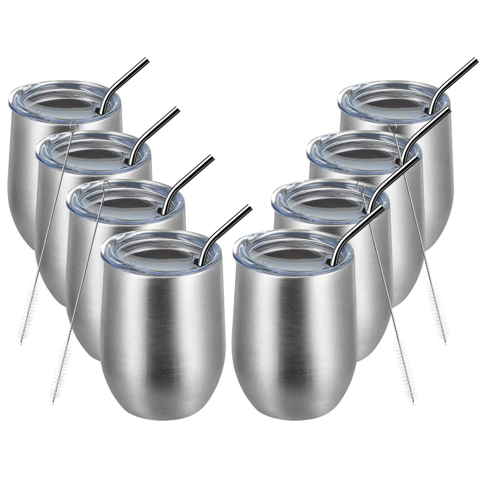 Aoibox  12 oz Stemless Double Wall Vacuum Insulated Stainless Steel Wine Tumbler Silver Travel Cup Set of 8
