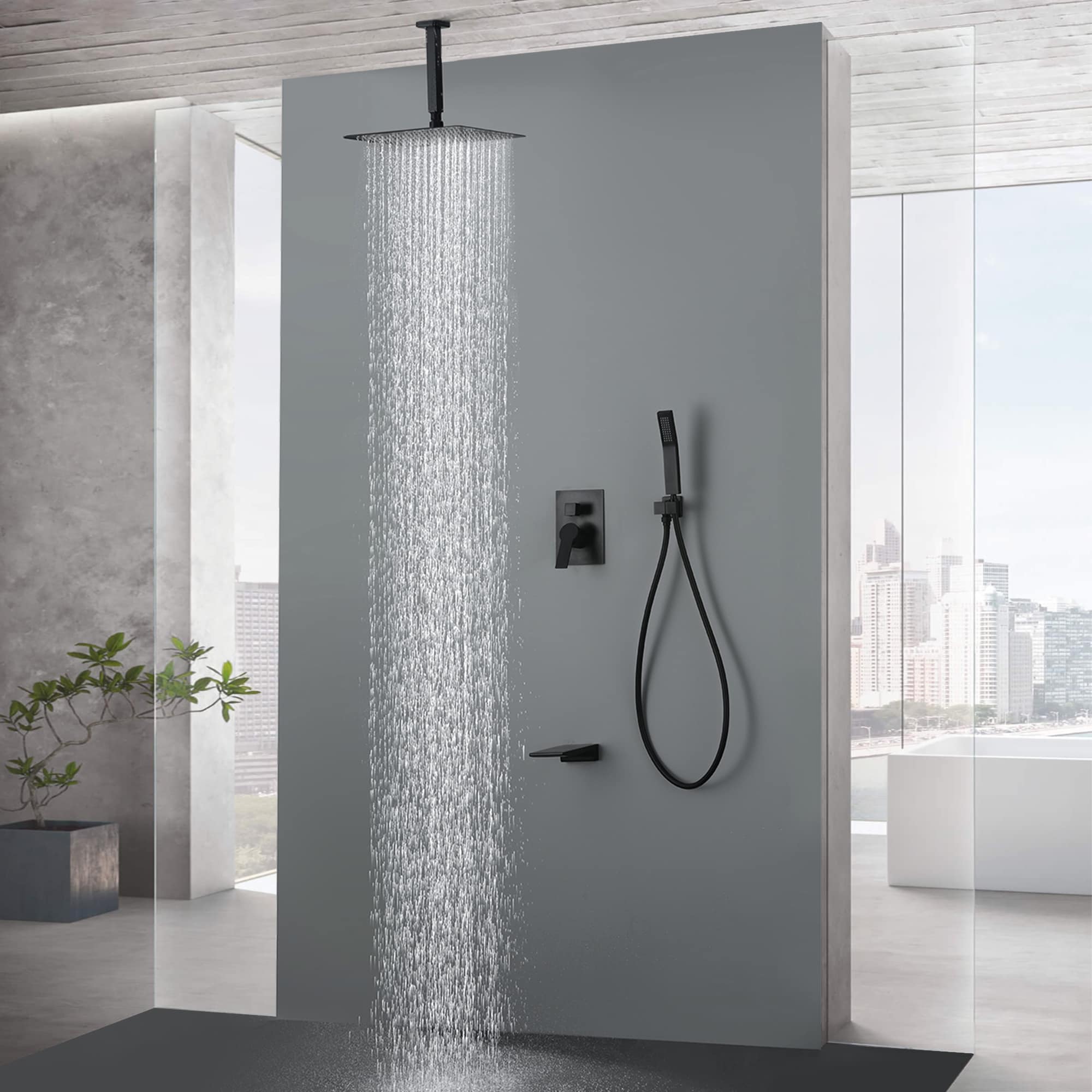 WELLFOR Matte Black 12-in Waterfall Dual Head Built-In Shower Faucet ...