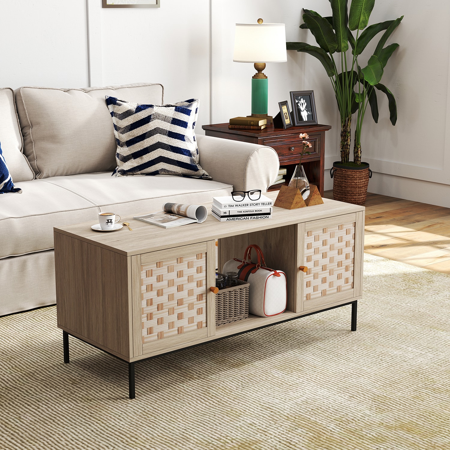 GZMR GZ-W25523 Elegant Veener Weaving Design Coffee Table Brown Wood veneer Rustic Coffee Table with Storage