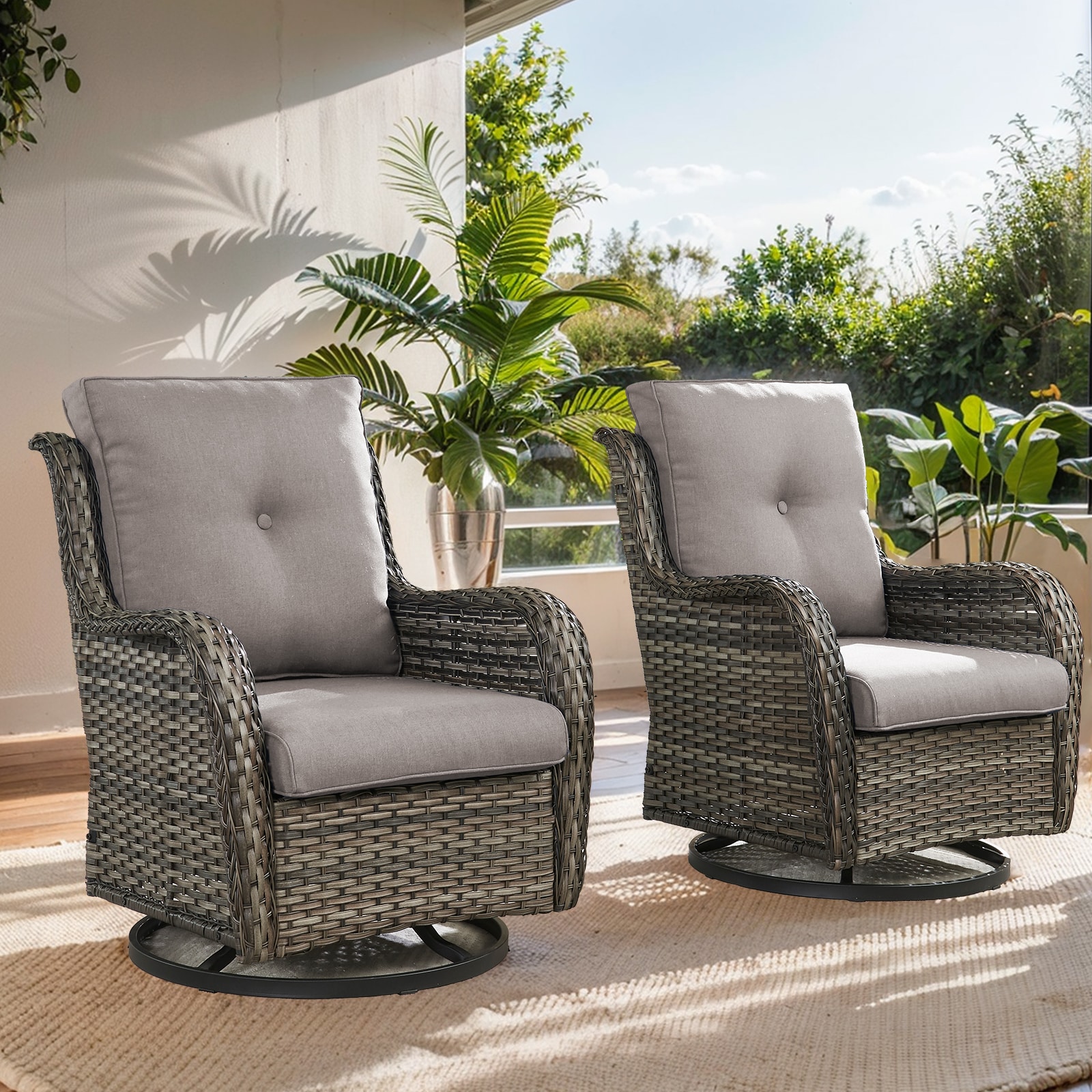 0 PA024-2 PACHAIRS-T Set of 2 Wicker Gray Steel Frame Swivel glider Conversation Chair with Gray Cushioned Seat