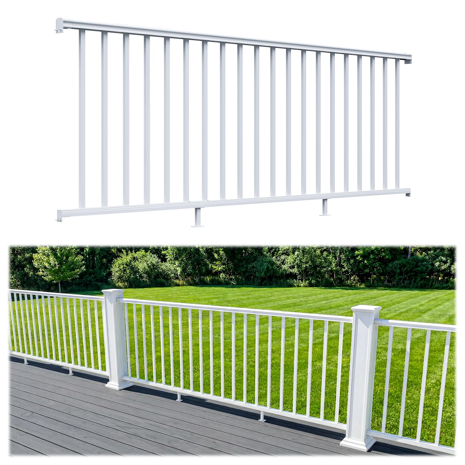 Phyfalip  1 pack 36 inch high 8 foot wide white aluminum porch and deck railing kit modular outdoor safety rail system textured powder coat