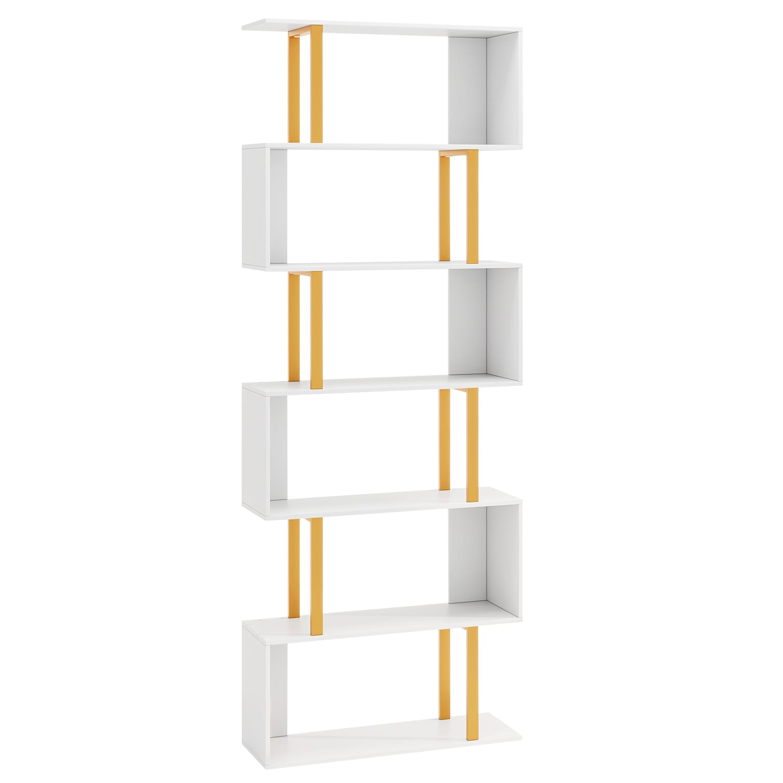 Slickblue D-CO-HW05911VJ White and Gold Metal 6-Shelf Geometric Bookcase No Doors (27.5W x 74.5H x 9.5D) for Living Room Home Office
