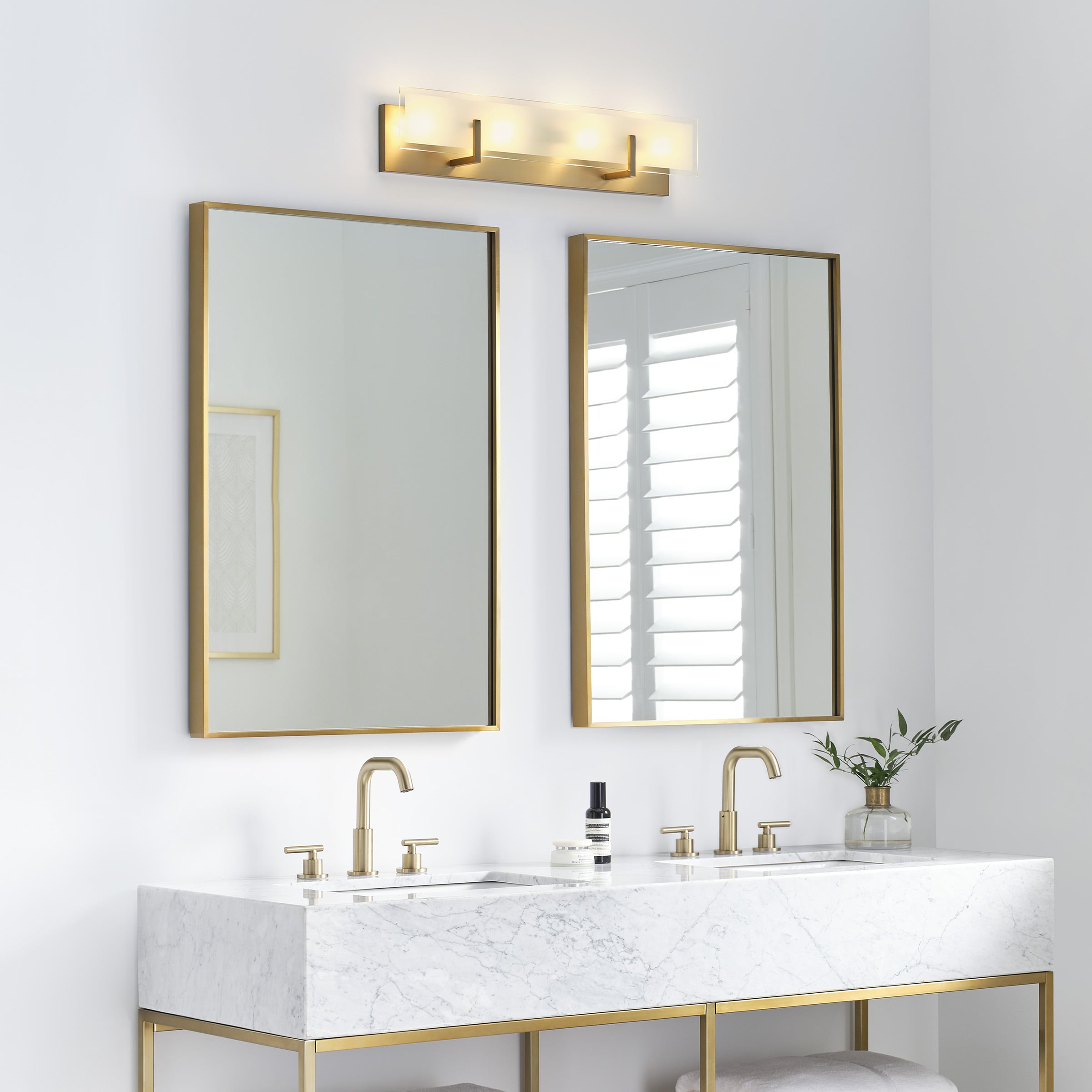 Satin Brass 4-Light Vanity Fixture with Frosted Beveled Glass