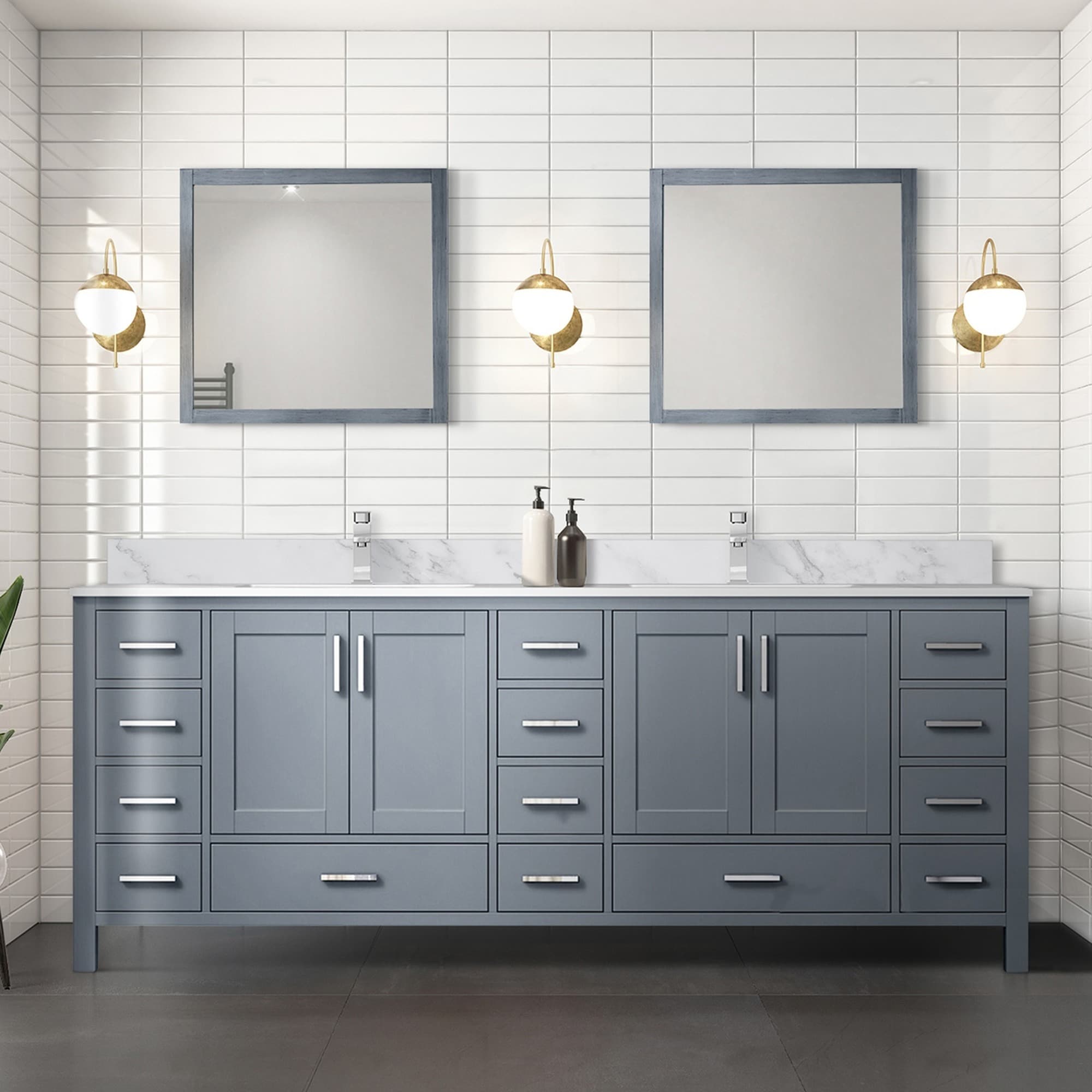 IAK 84 inch x 22 inch Dark Grey Wood Double Bathroom Vanity with Carrara Marble Top and Soft Close Doors