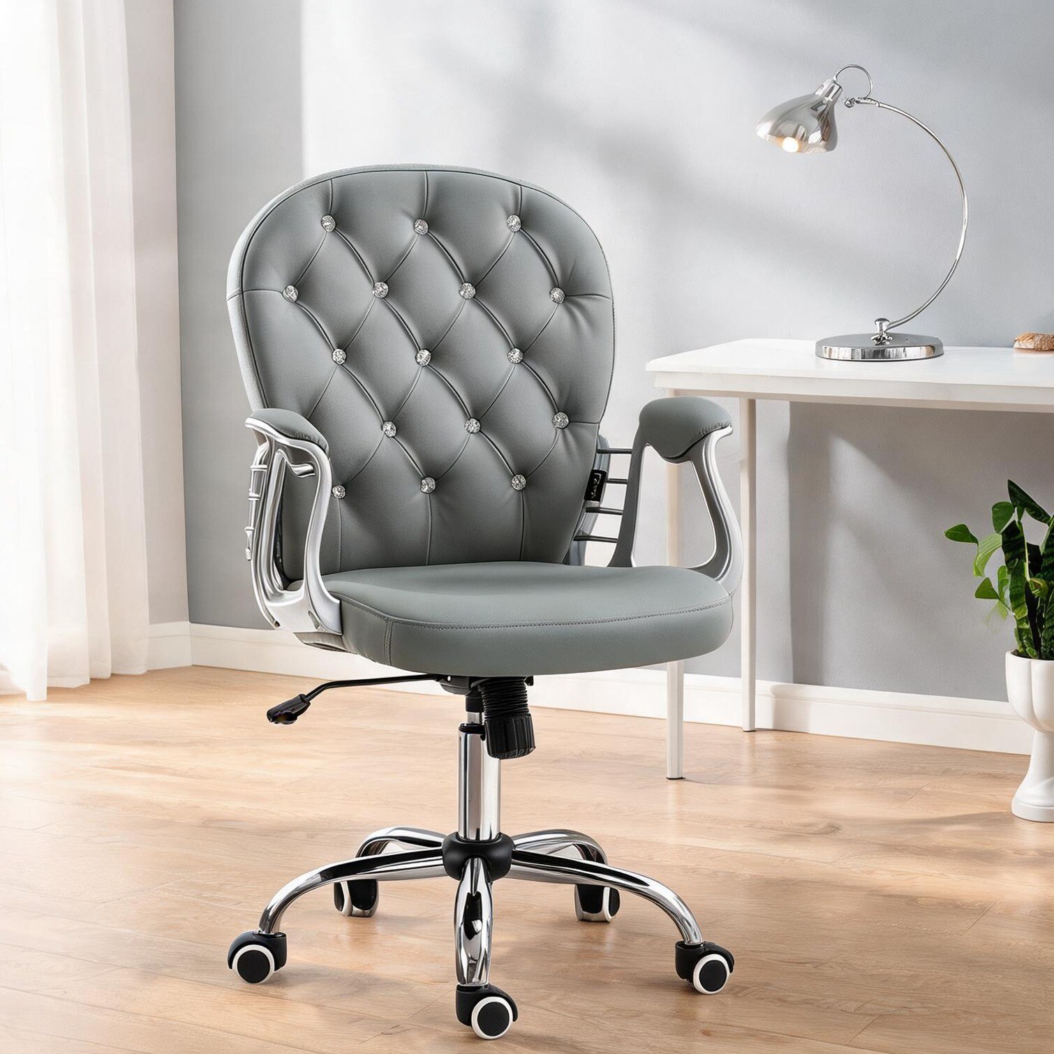 Tammesy Desk with Swivel Seat pairing Faux Leather with Tufted Detail and Adjustable Design
