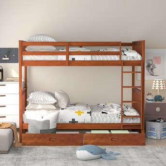 Yiekholo Twin Over Twin Bunk Bed With Drawers Solid Wood Bunk Bed, Walnut  In The Bunk Beds Department At Lowes.Com