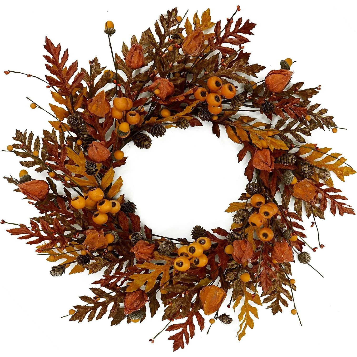 Sggvecsy 20 inch Fall Wreath Autumn Oak Leaves Wreath with Cape Gooseberry Oak Leaf Acorn Berry Pine Cone for Front Door Farmhouse Indoor Outdoor Festival Home Decor