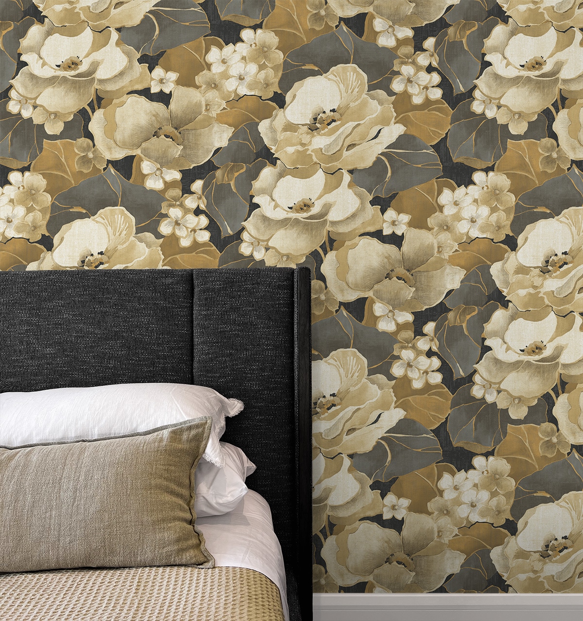 Ebony and Antique Gold Floral Peel and Stick Wallpaper