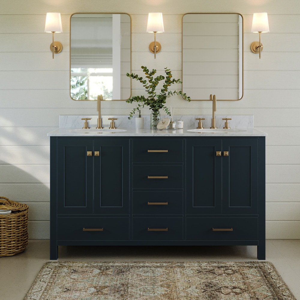 ARIEL A061DCW2OVOMNB Cambridge 61-in Midnight Blue Undermount Double sink Bathroom Vanity with 0.75" Carrara White Marble Natural marble Top