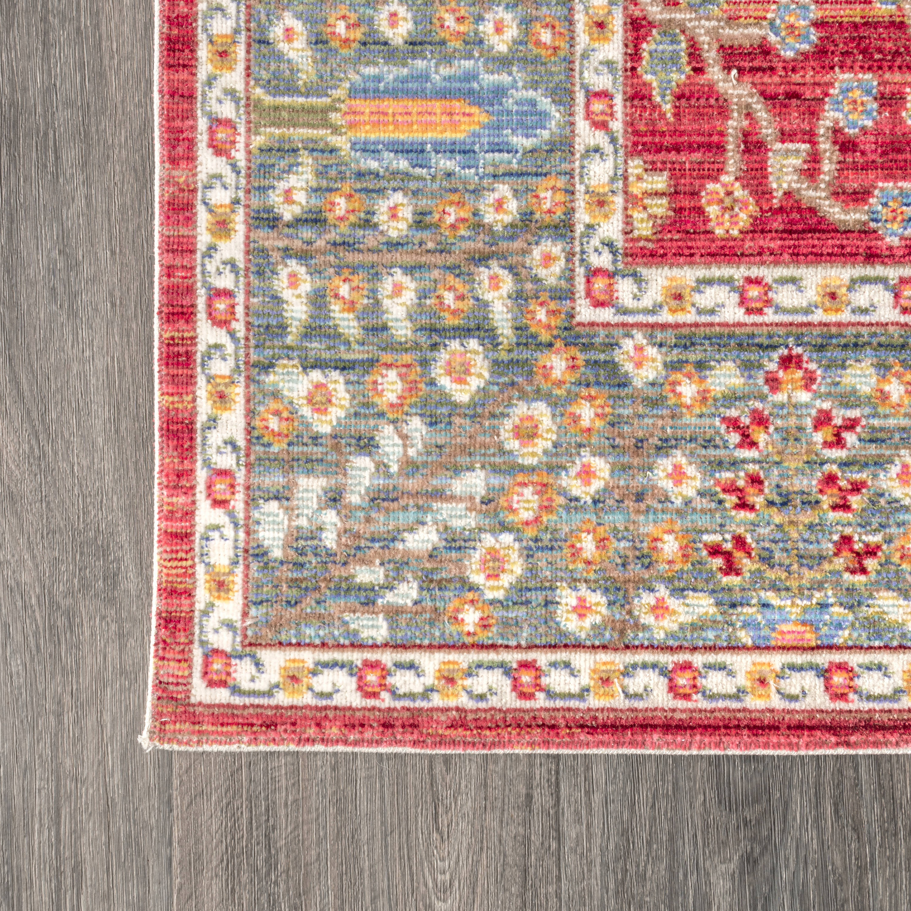 Burgundy and Light Blue Synthetic Floral Area Rug