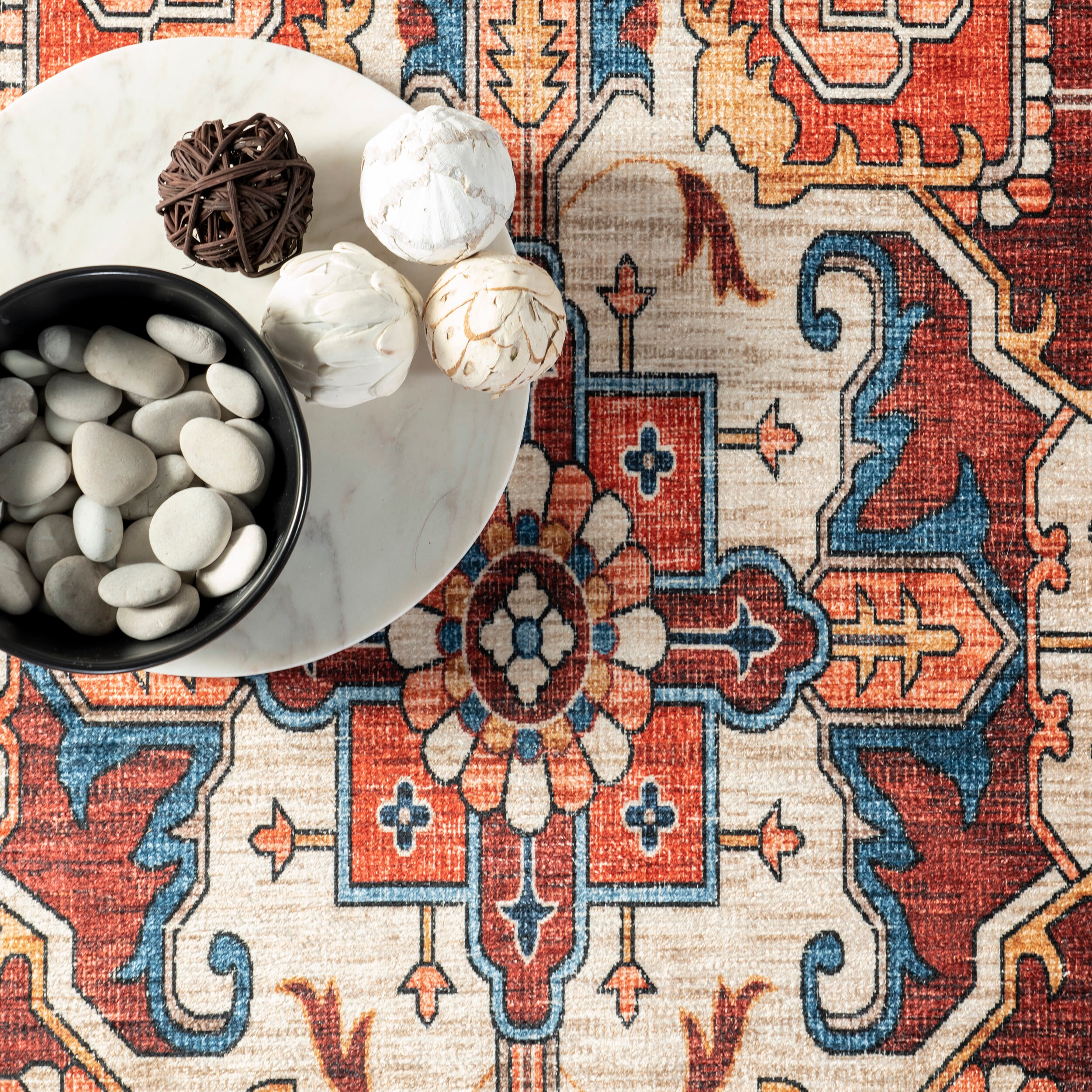 Hera Blue and Red Medallion Washable Synthetic Area Rug
