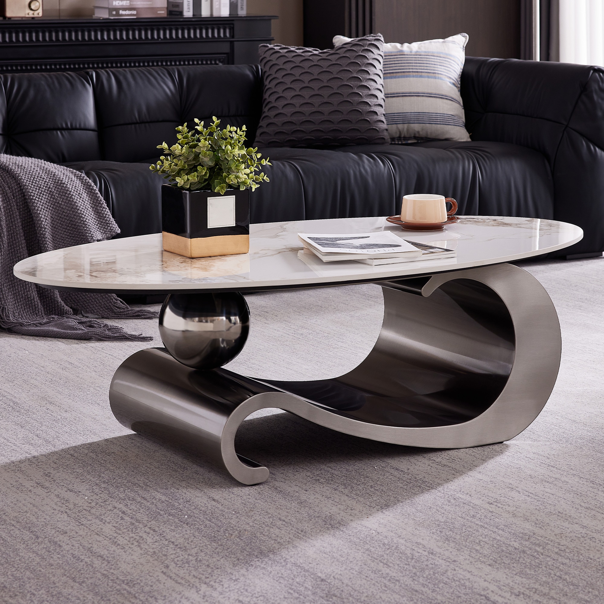 Oizaye YL-910GRAY Modern Oval Faux marble Faux marble 49.2-in W x 15.8-in H Coffee Table