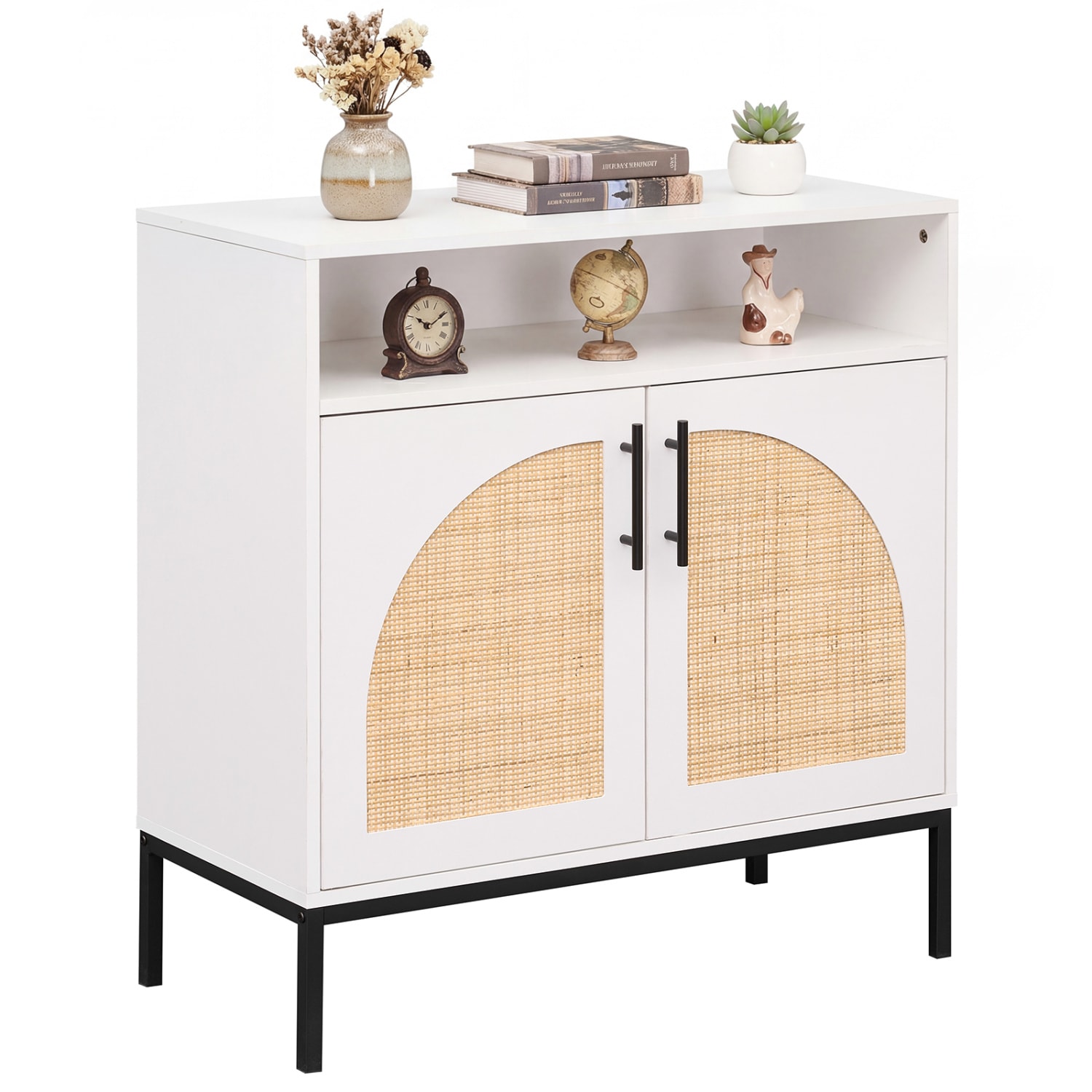 Slickblue - Natural/White MDF Engineered Wood Dining Room Sideboard Cabinet with Open Shelf Adjus...