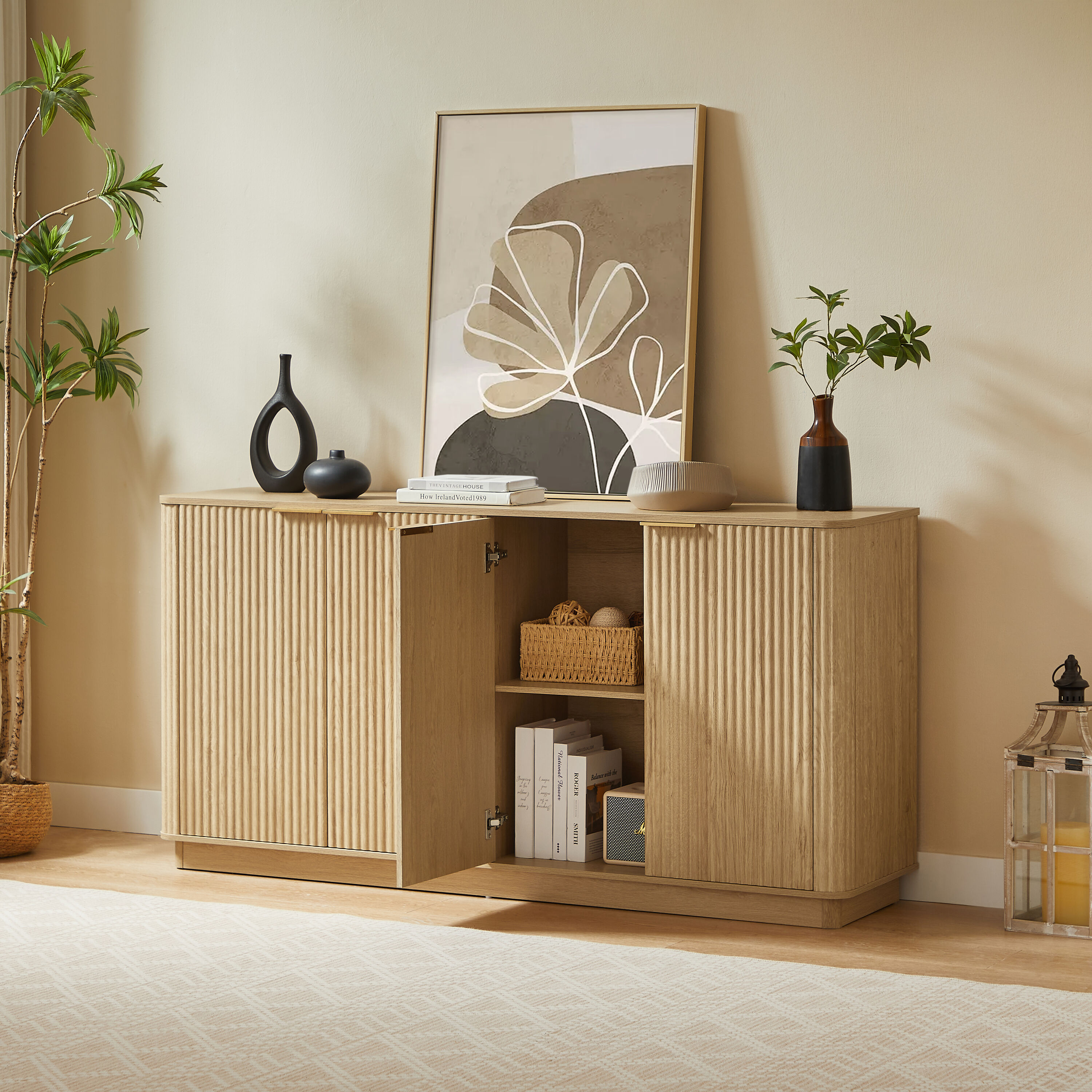 JUSHUA - 63inch Oak Vertical Stripe Buffet Cabinet Sideboard with Storage Curved Wave Design TV S...