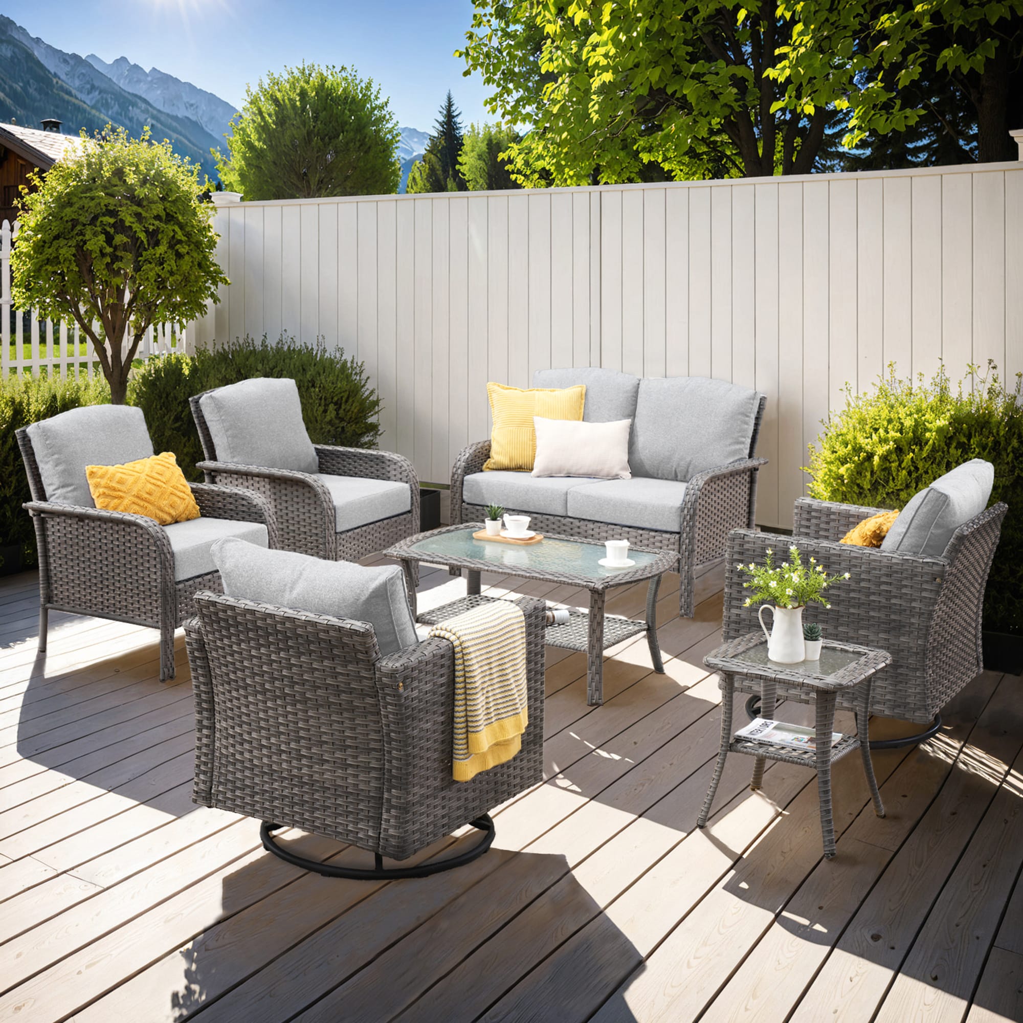 weaxty HTNDSYZGRS407 Initial 7 -Piece Wicker Patio Conversation Set with Gray Cushions