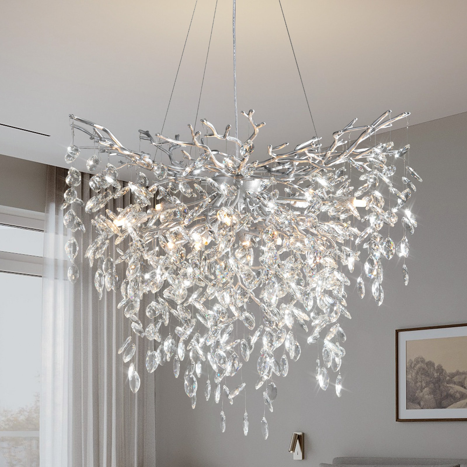 Gleam Flare 32 inches Modern Crystal Chandelier 10 Lights Silver Tree Branch Chandeliers Round K9 Crystal Raindrop Chandelier for Dining Room Living Room Foyer Entryway Kitchen Bedroom