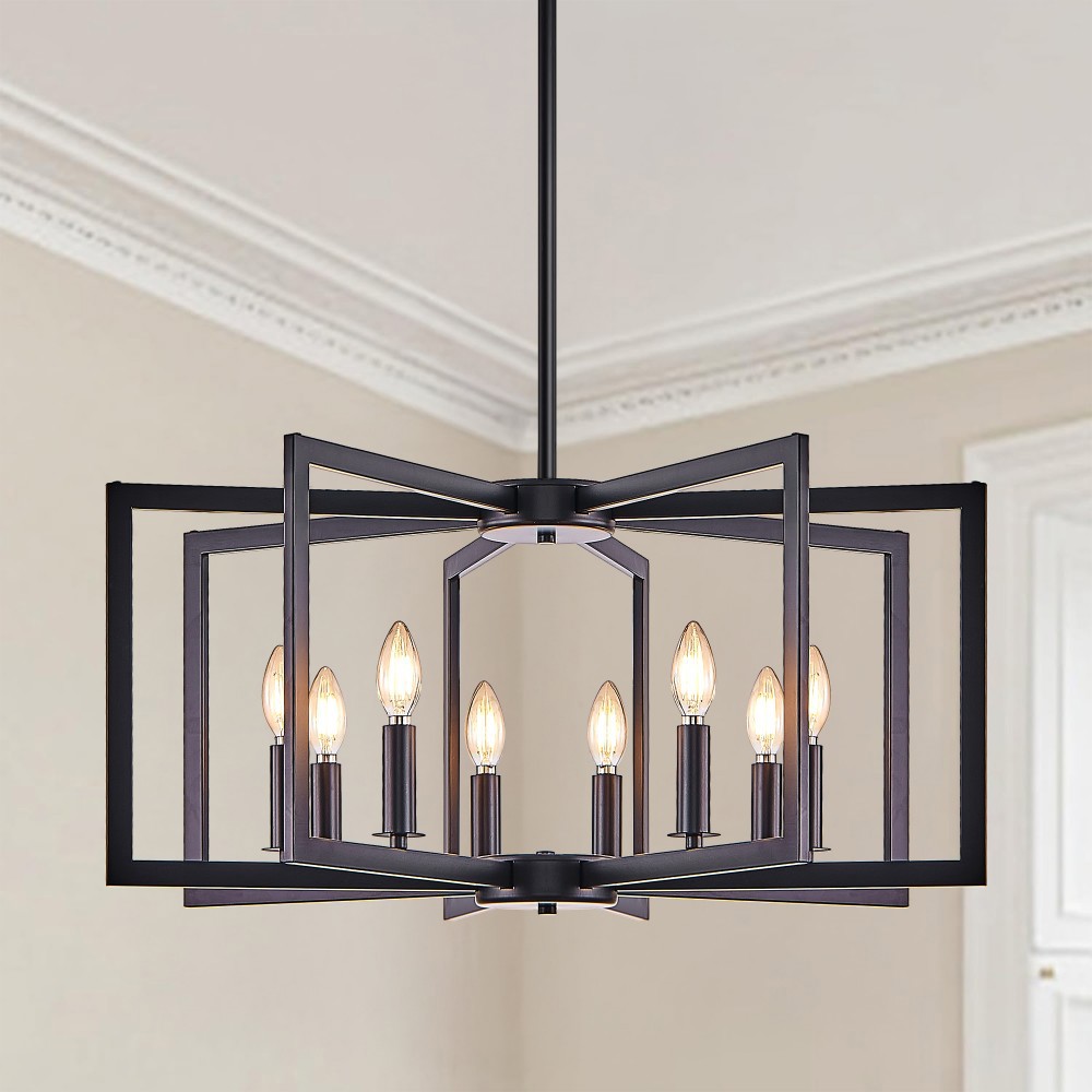 Basdien 27 in Black Modern Geometric 8 Light Chandelier Industrial Metal Pendant Light Fixtures Living Room Dining Room Kitchen Bulb Not Included Solid Iron E12 Socket Maximum 60W Per Bulb Hard Wired Ceiling Mount Adjustable Height Quick Setup