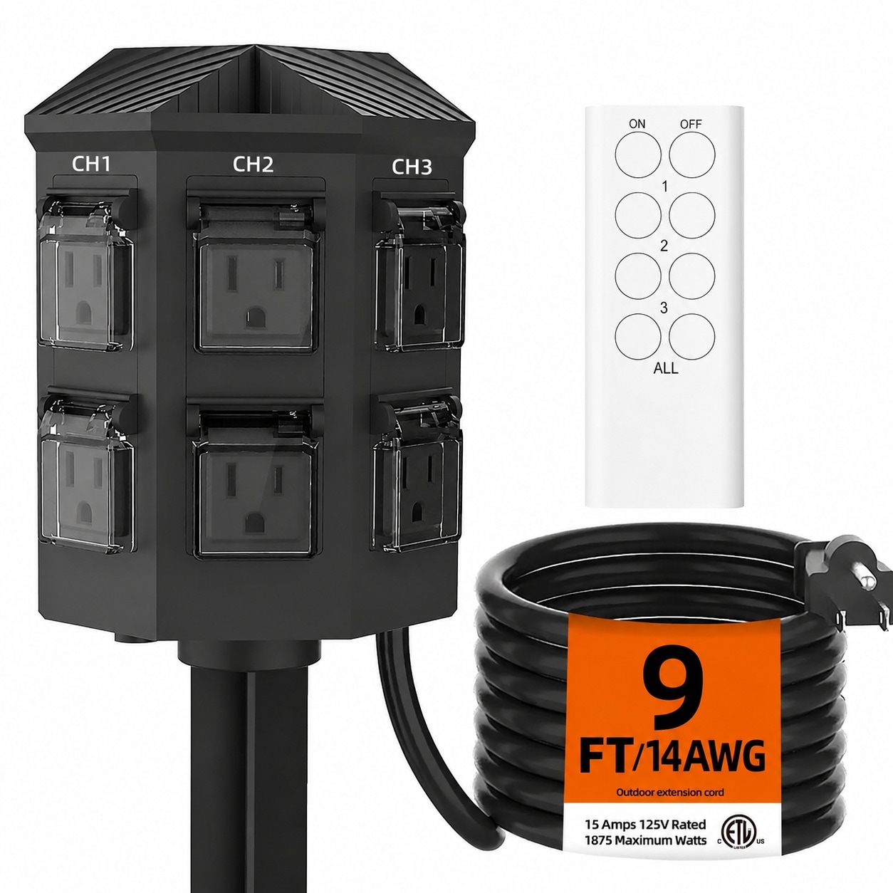 AOIZGMY  Outdoor Remote Control Power Strip 6 Independent Control Outlets 9FT Extension Cord Waterproof 14AWG 15A 1875W 1 Piece