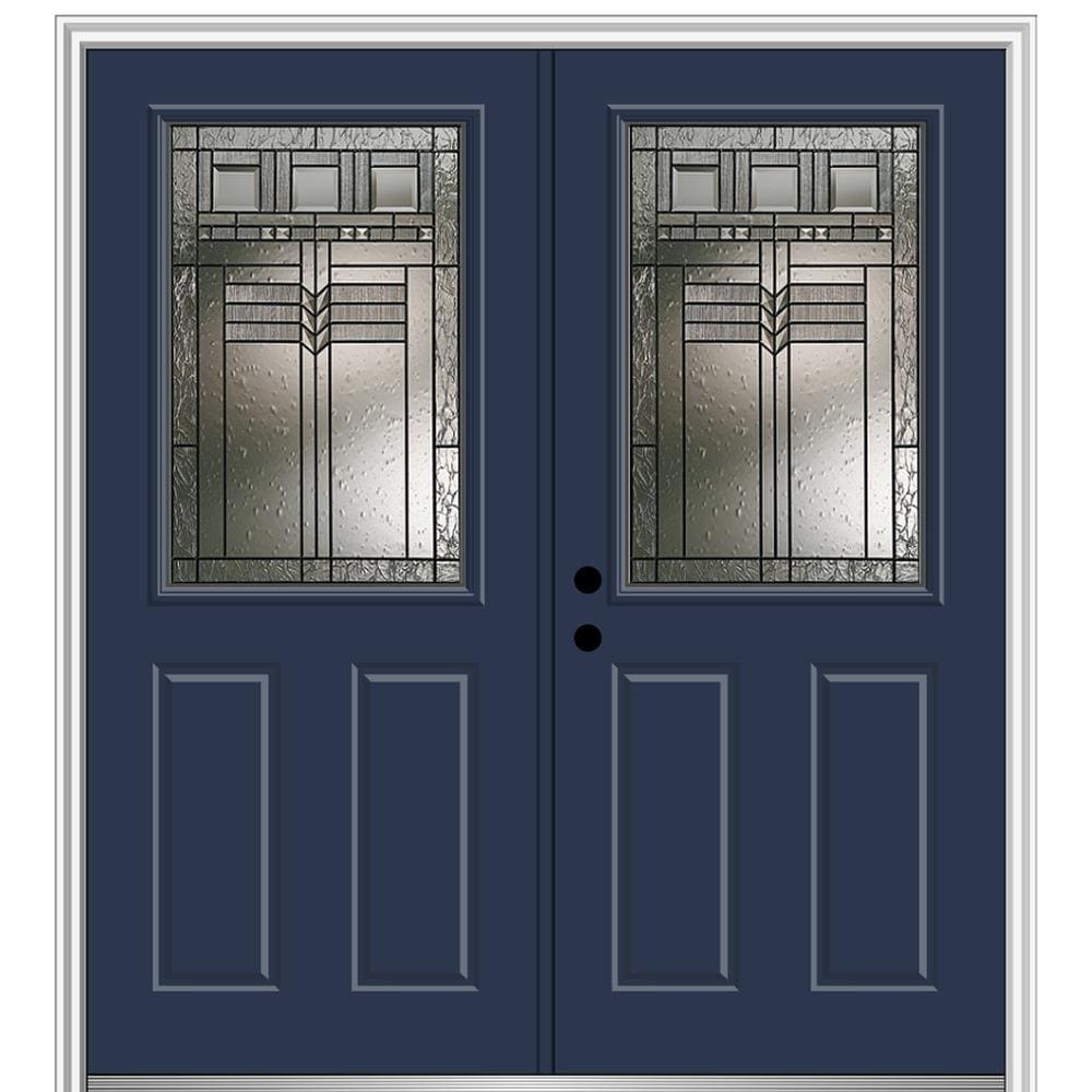 MMI DOOR ZZ3665108R 64-in x 80-in x 6-9/16-in Fiberglass Half lite Right-hand inswing Naval Painted Prehung Double Front Door with Brickmould Insulating core