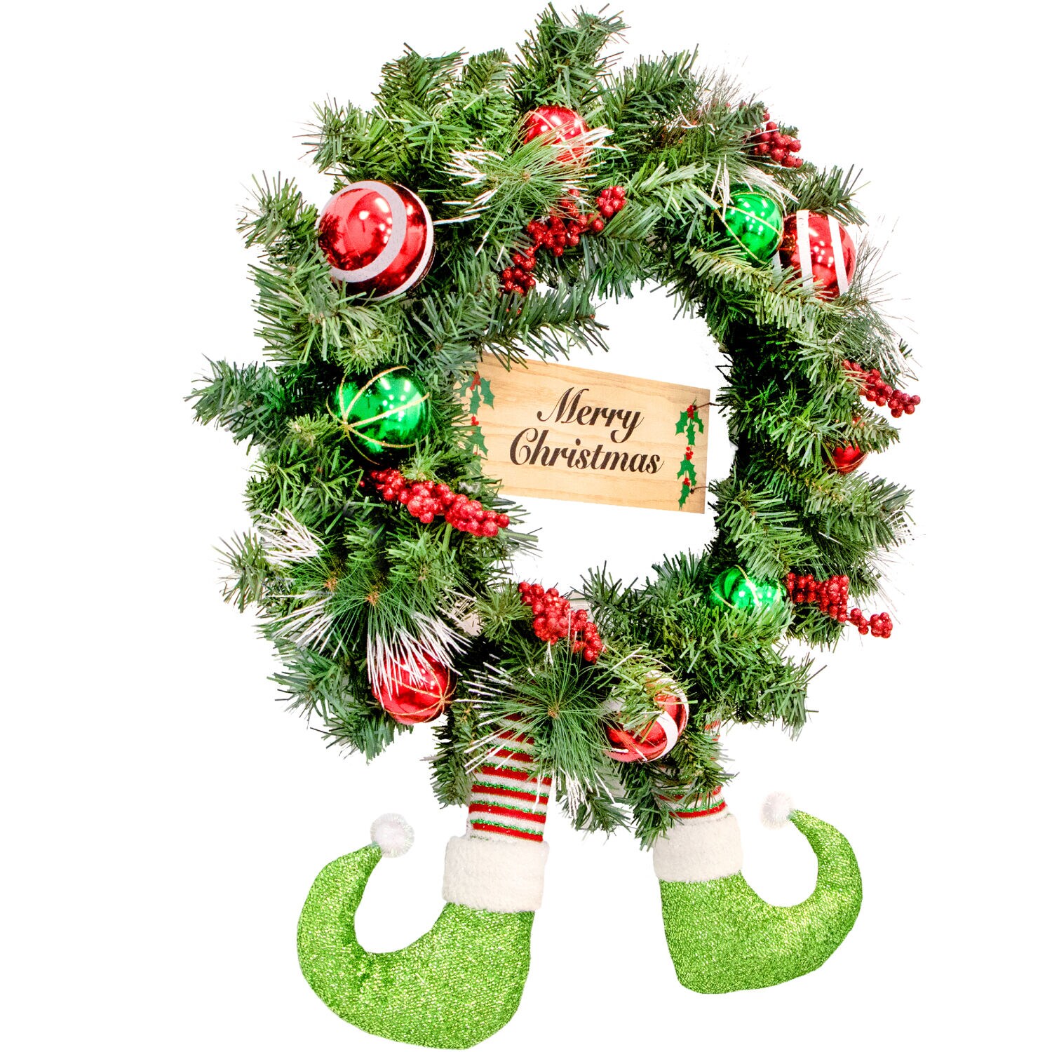 24-Inch Artificial Pine Christmas Wreath with Elf Boots and Ornaments