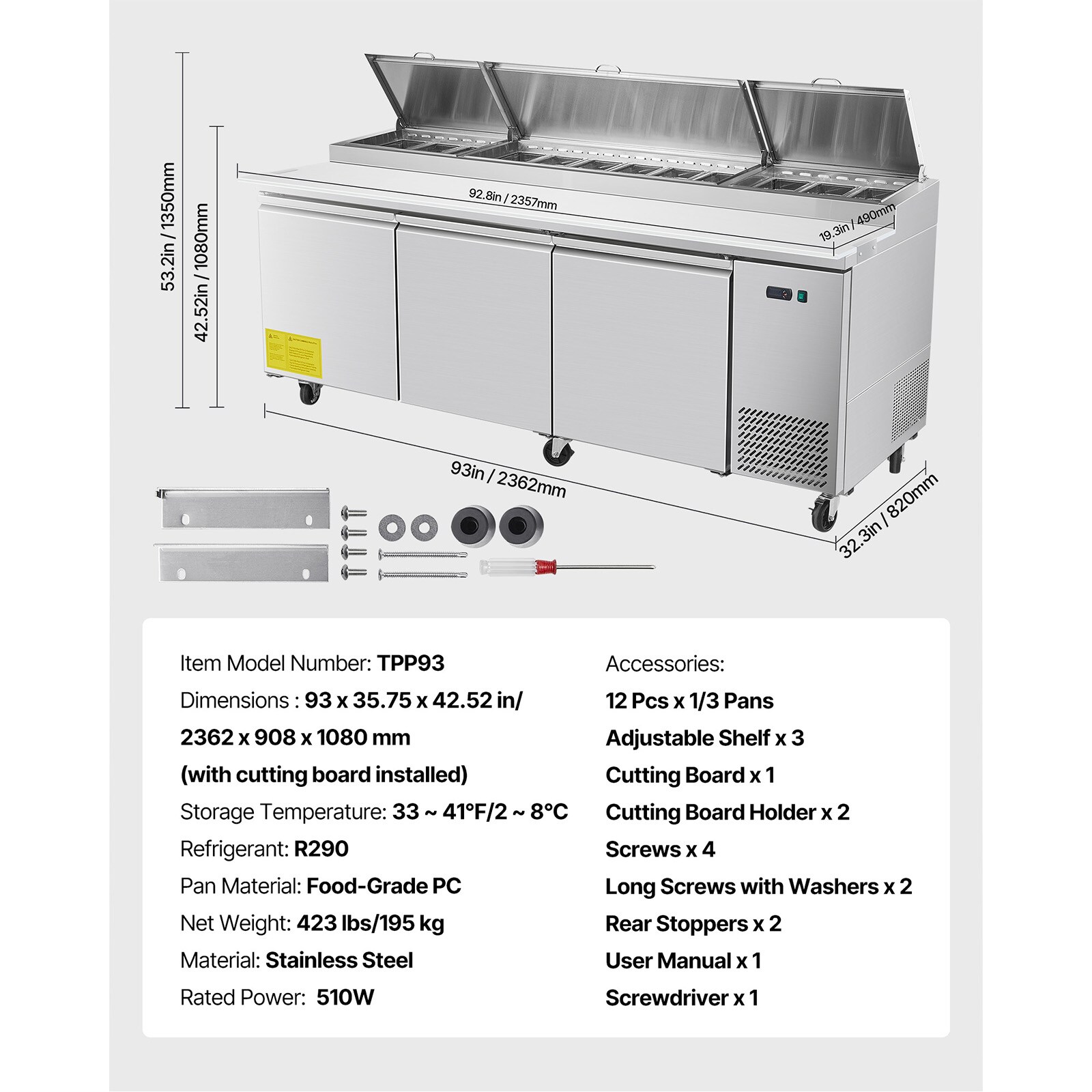 VEVOR F20CUFT72INCHOHFJV1 Refrig-Prep-Tables - View #8