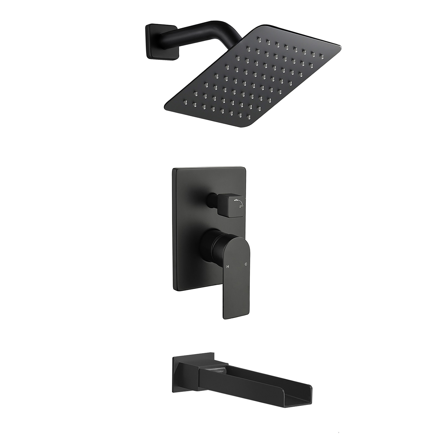 WELLFOR WA9008LSJ Matte Black 1-handle Single function 8-in Square Bathtub and shower Faucet with Valve