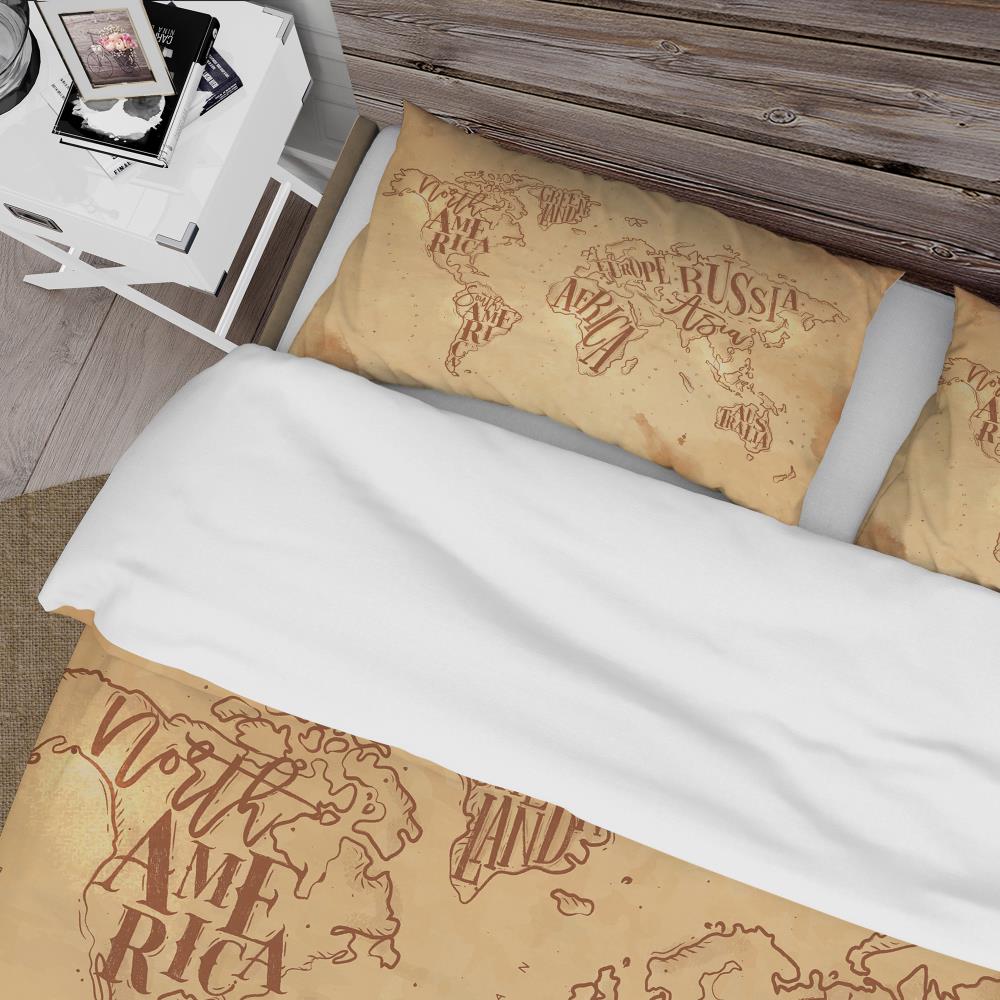 Vintage World Map Beige Microfiber Twin Duvet Cover Set