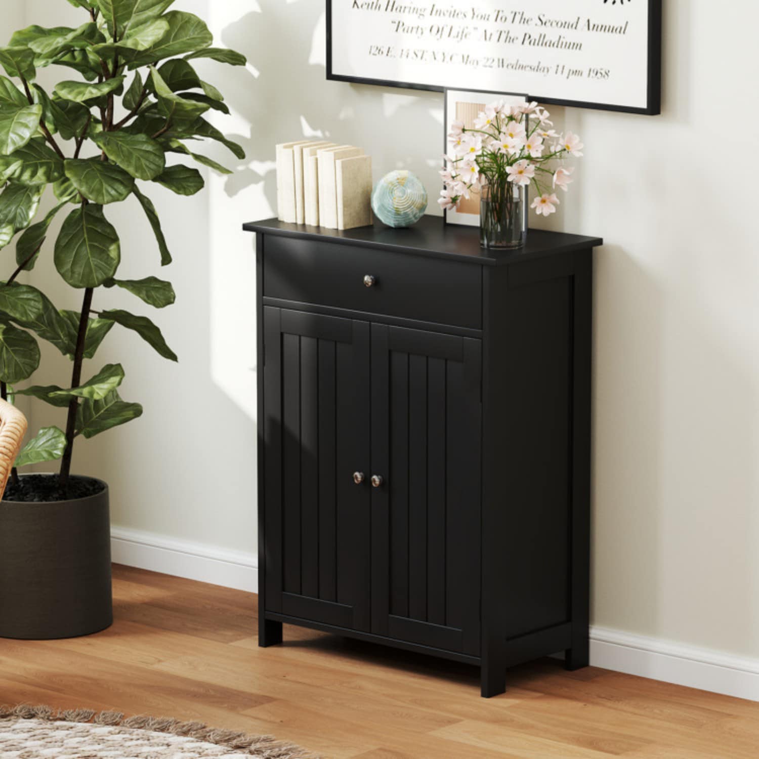 Vanityfus Bathroom Floor Cabinet Freestanding Storage Organizer with 2 Doors-Black