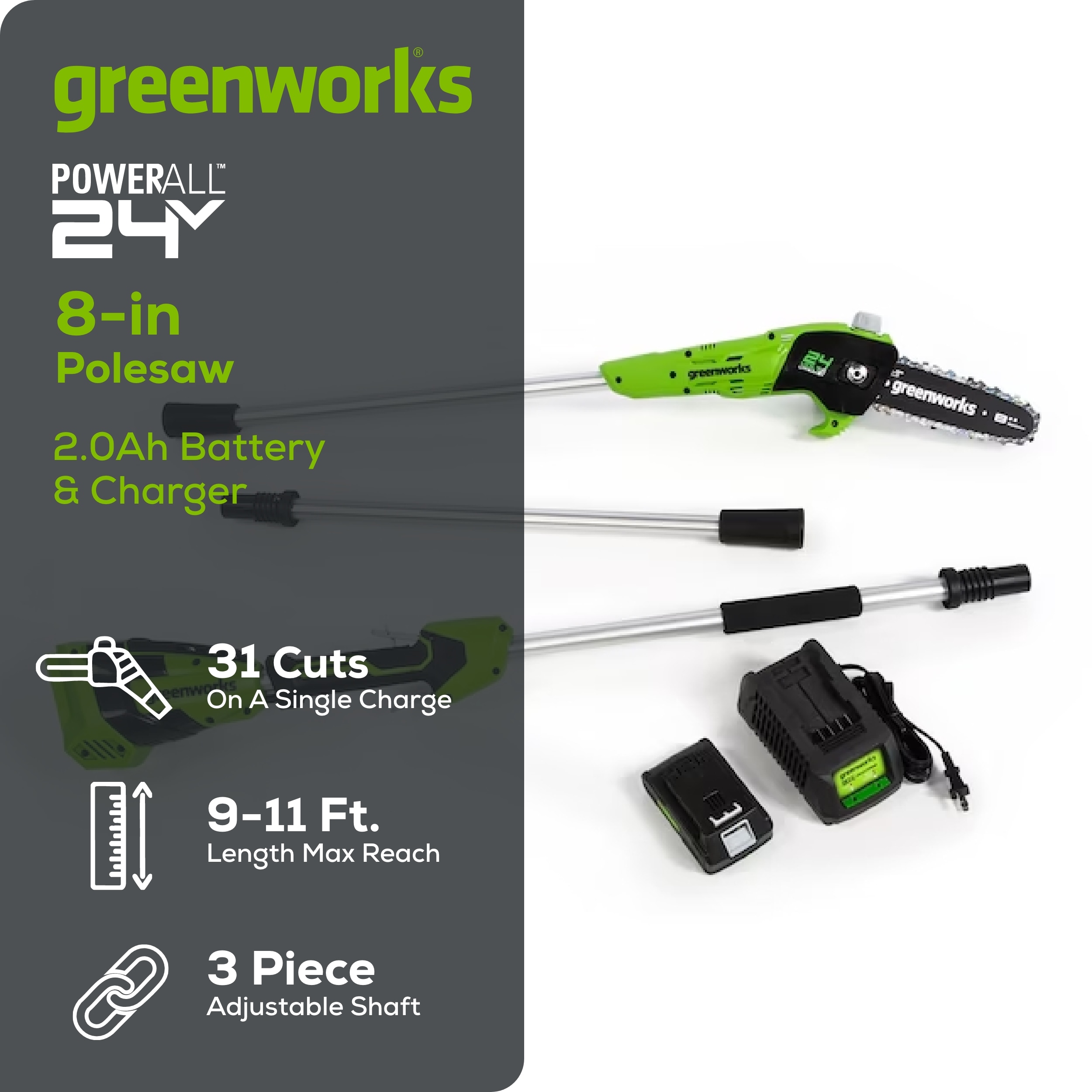 Greenworks 24-volt 8-in 2 Ah Battery Pole Saw (Battery and