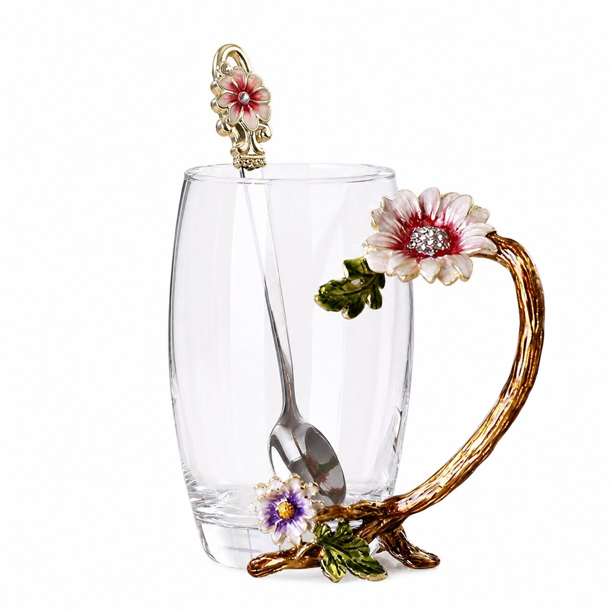 Aoibox  13 oz Enamel Sunflower Lead Free Glass Tea Cup with Spoon 3 Piece Set for Home and Office Use