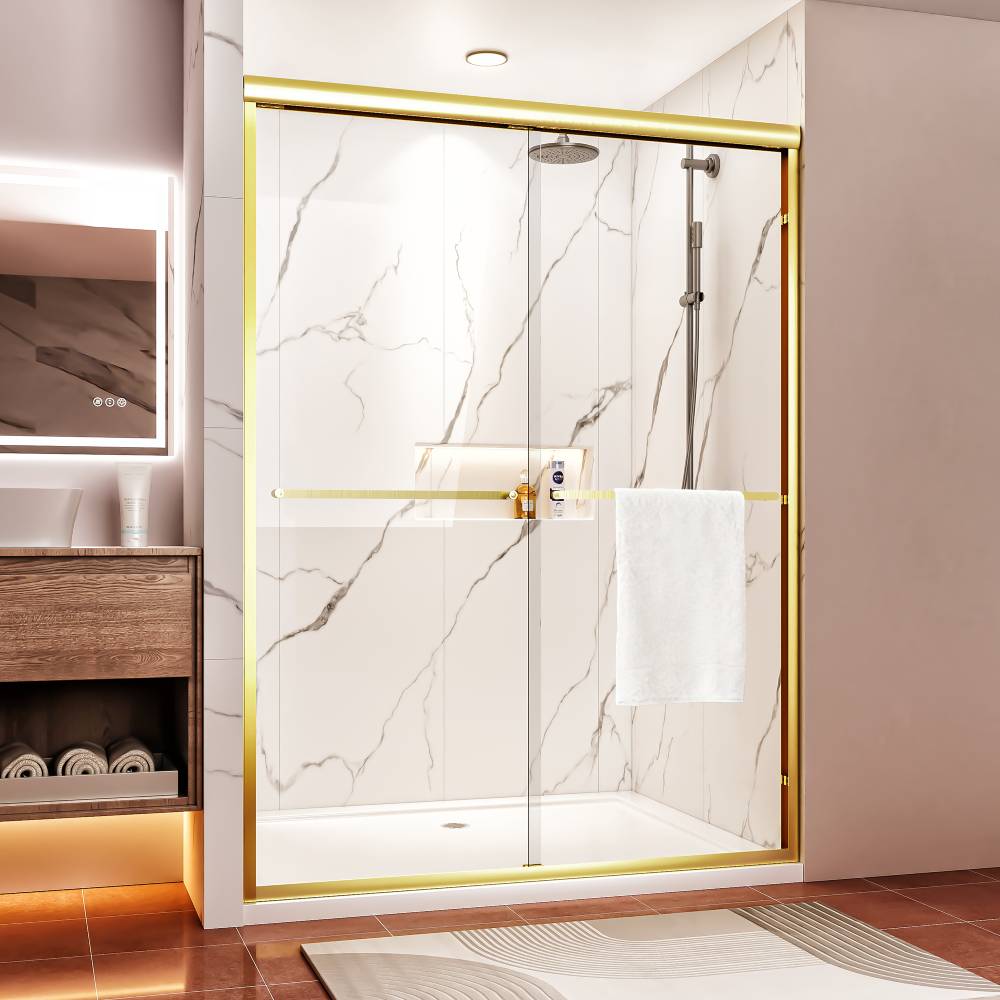 BEARSOLIM 50-in to 54-in W x 72-in H Brushed Gold Aluminum Frame Double ...