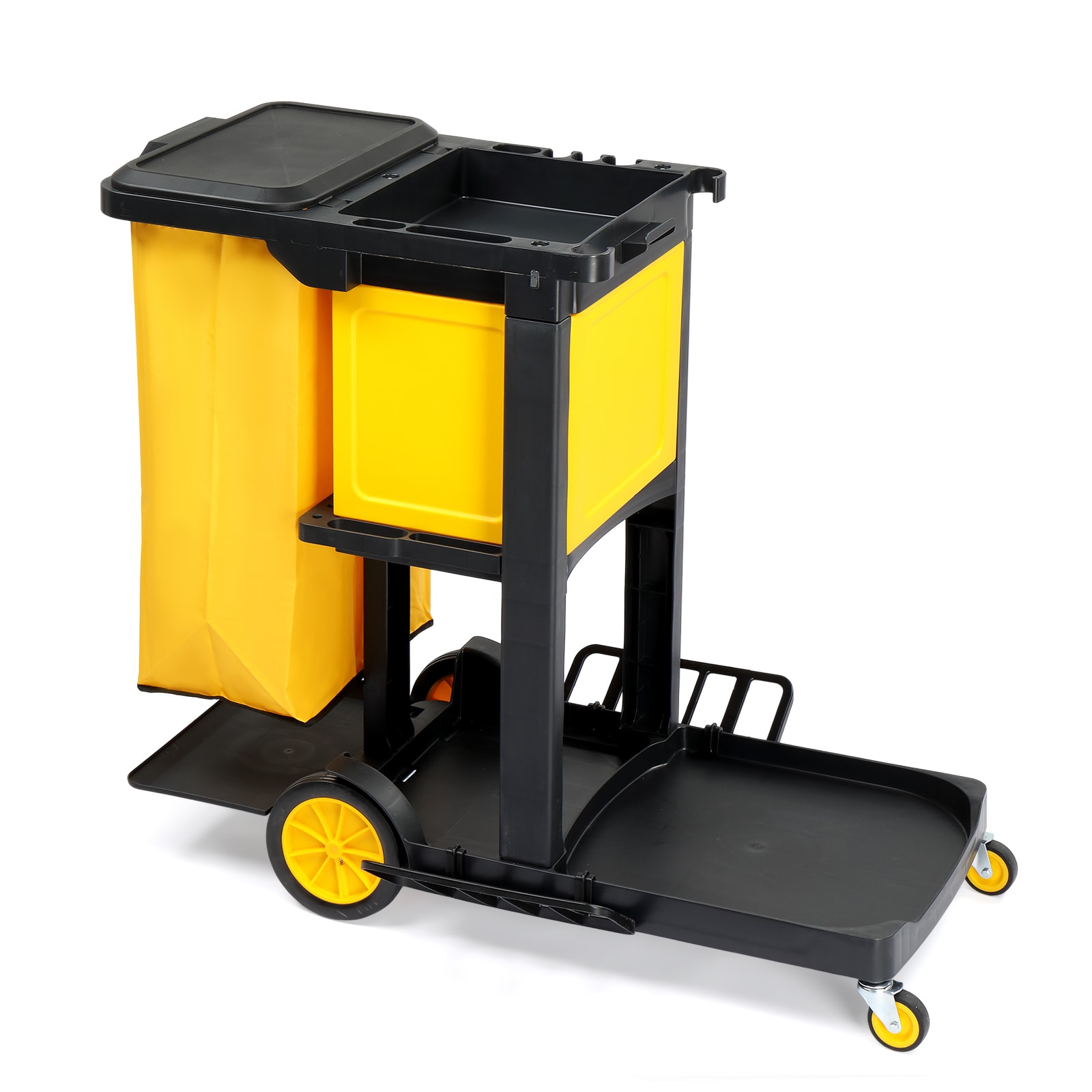TUFFIOM 3-Shelf Janitorial Cart with Key-Locking Cabinet and Yellow Vinyl Bag for Hotel Stores Schools and Business Black