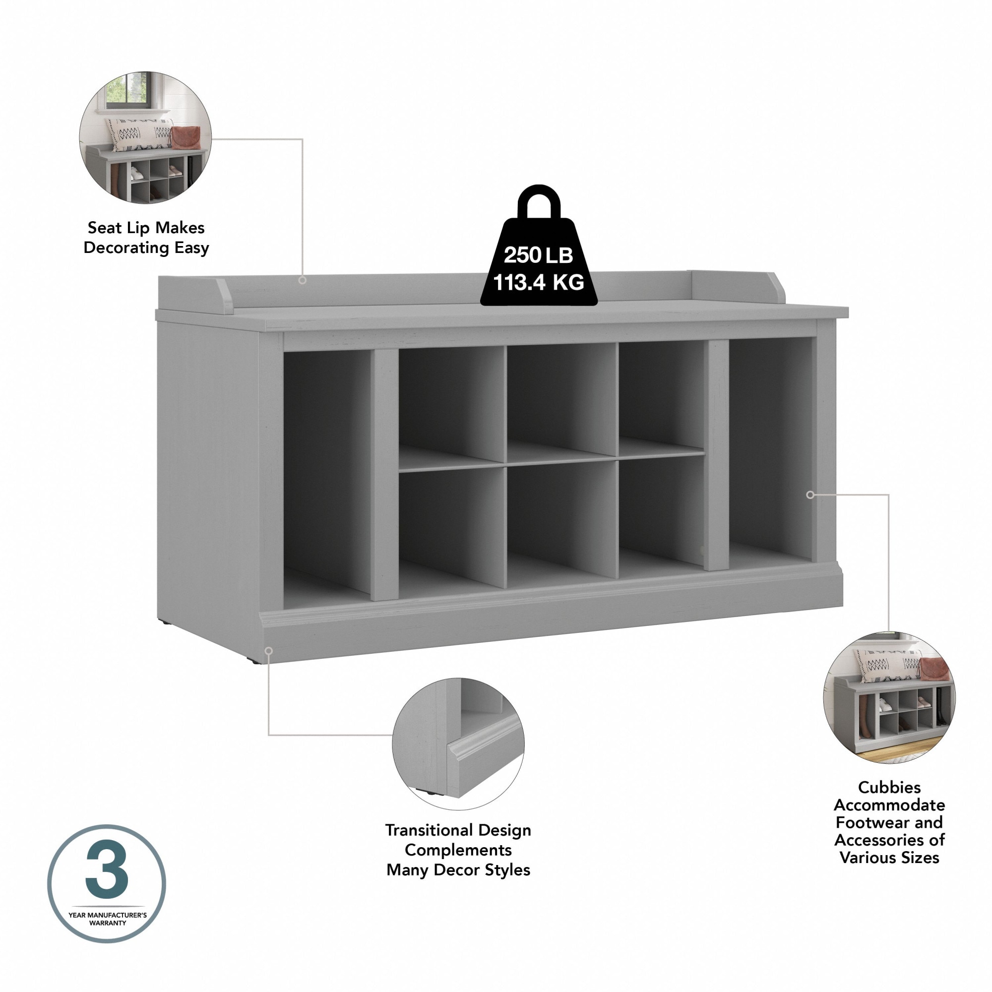 Cape Cod Gray Engineered Wood Shoe Storage Bench with Shelves