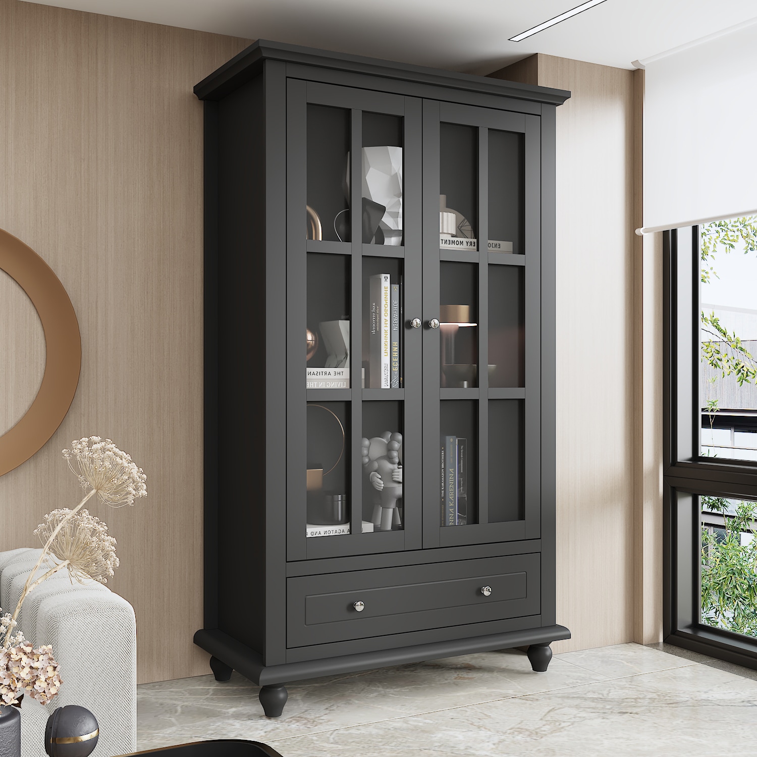 FUFU&GAGA CX0026-03 Black MDF 3 -Shelf Bookcase with Doors ( 31.5-in W x 55.1-in H x 15.7-in D ) Finished
