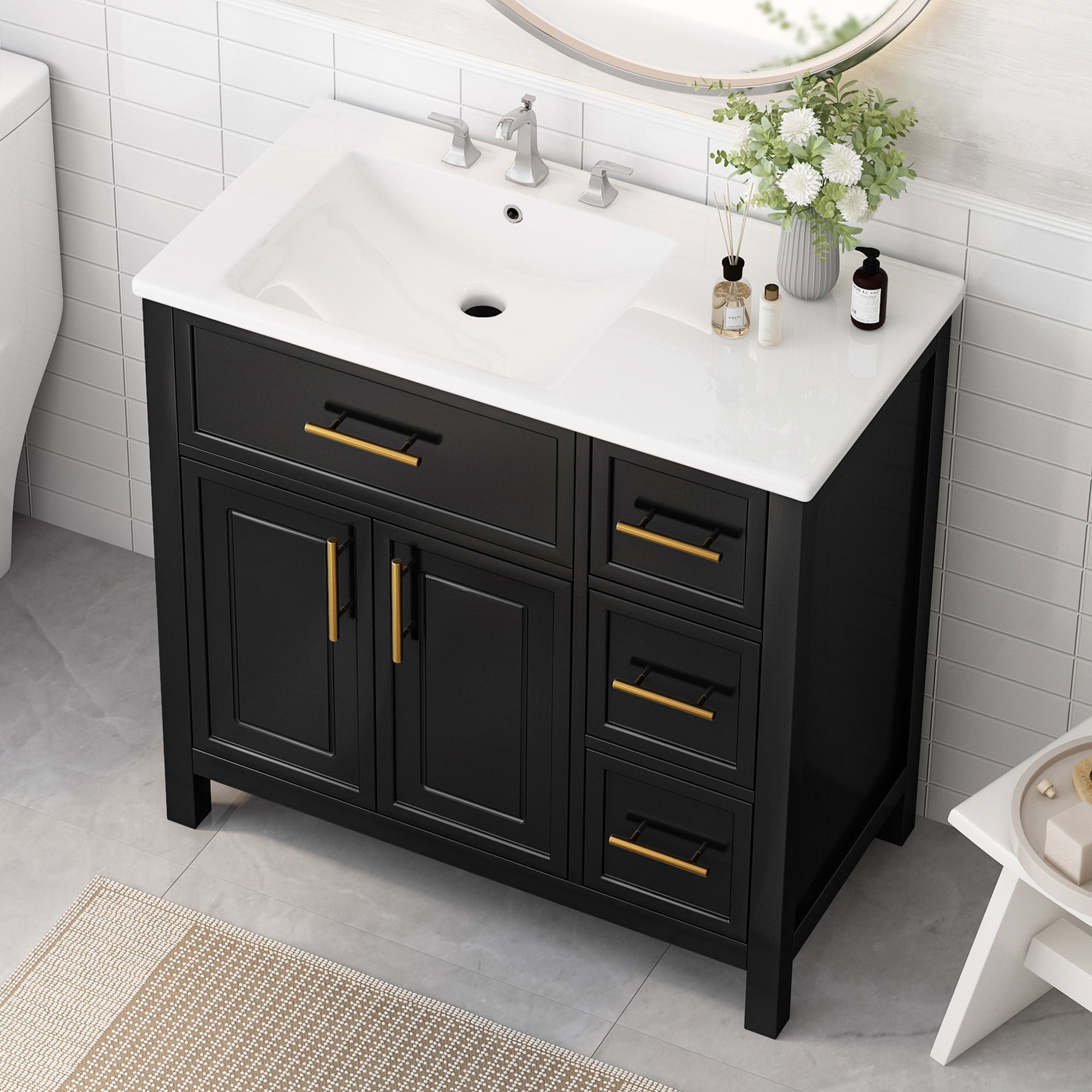 GLANZEND  36 in W x 18.3 in D x 33.9 in H Black Single Sink Bathroom Vanity with Ceramic Top Storage Drawers Freestanding Design Faucet Ready Solid Wood and MDF